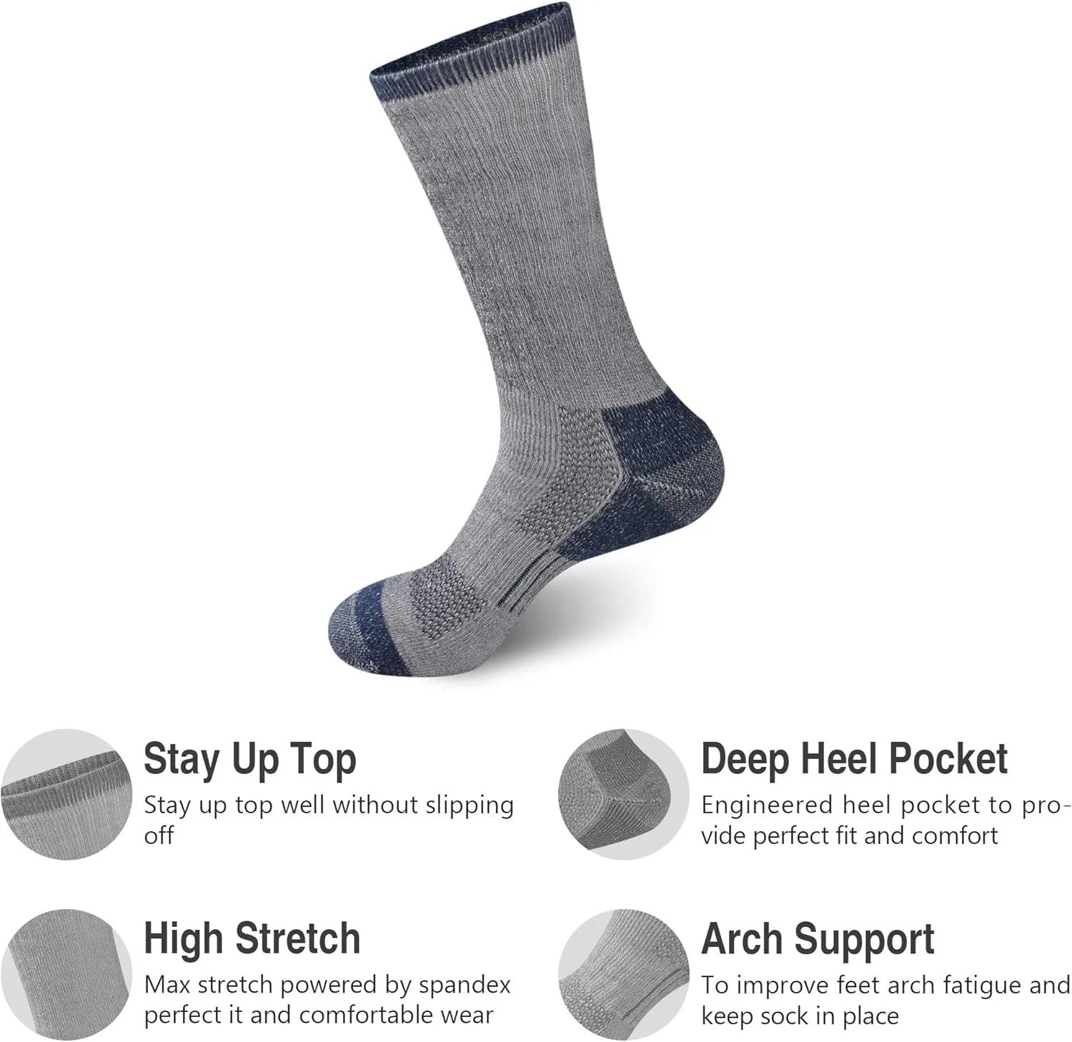 GKX Men's Merino Wool Moisture Wicking Outdoor Hiking Trekking Work Cushion Crew Socks 9-11,10-13