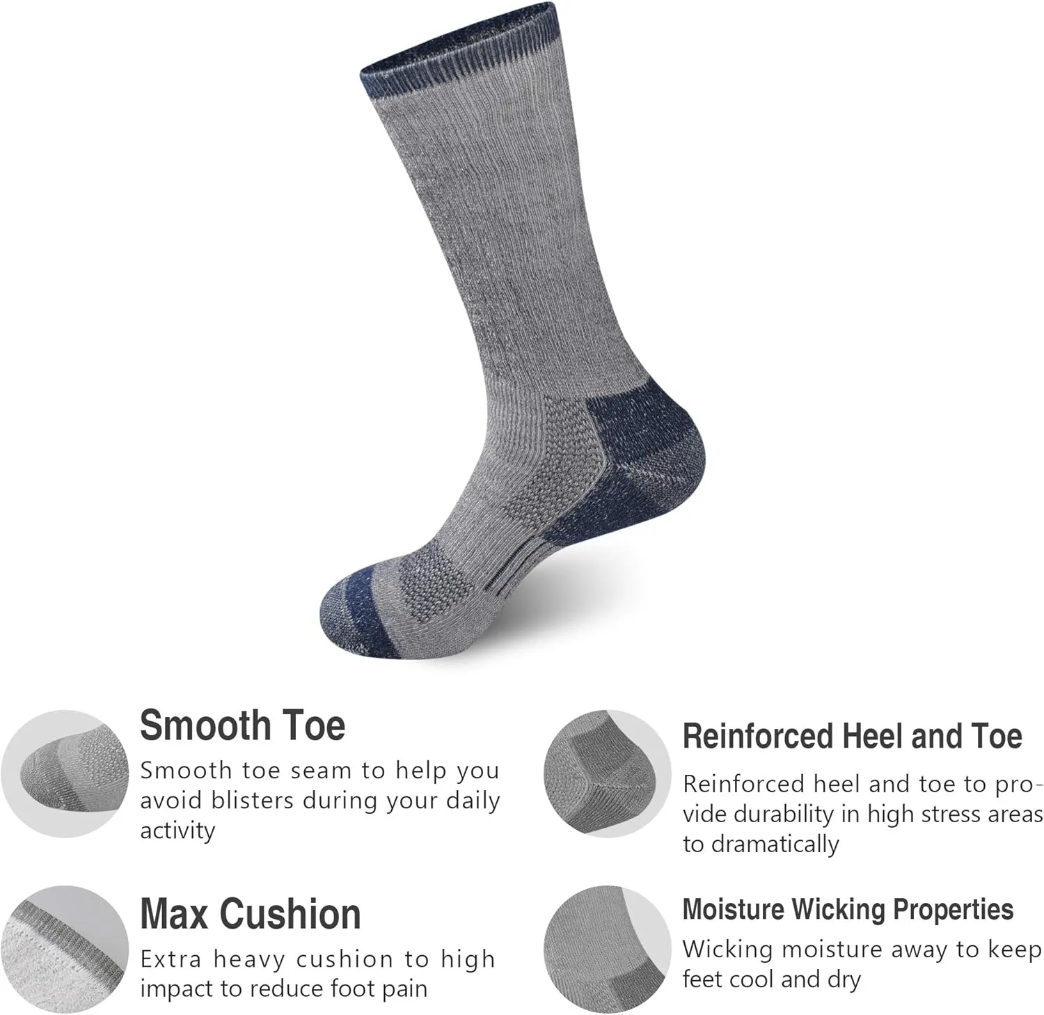 GKX Men's Merino Wool Moisture Wicking Outdoor Hiking Trekking Work Cushion Crew Socks 9-11,10-13