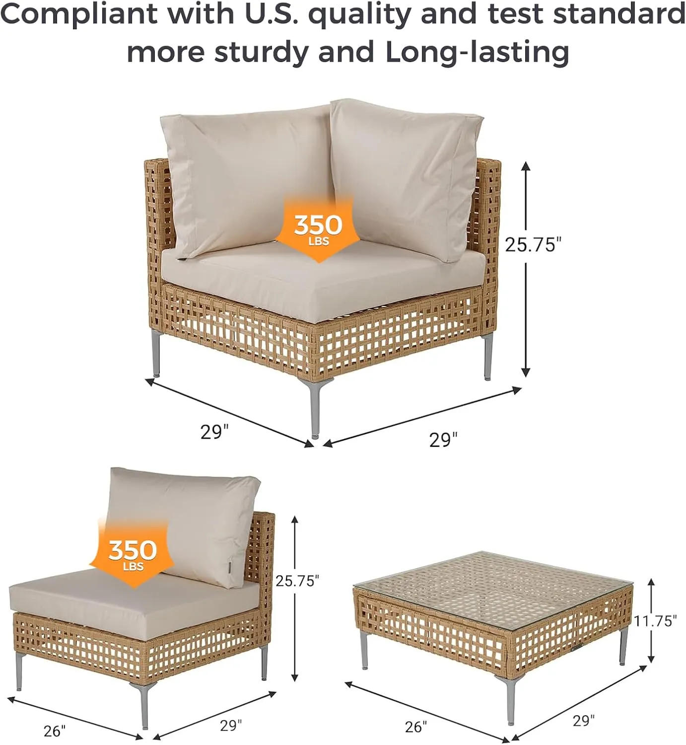 Grand patio 14-Piece Wicker Patio Furniture Set, Boho Outdoor Conversation Set Sectional Sofa with Water Resistant Beige Thick Cushions and Coffee Table, Beige