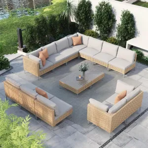 Grand patio 14-Piece Wicker Patio Furniture Set, Boho Outdoor Conversation Set Sectional Sofa with Water Resistant Beige Thick Cushions and Coffee Table, Beige