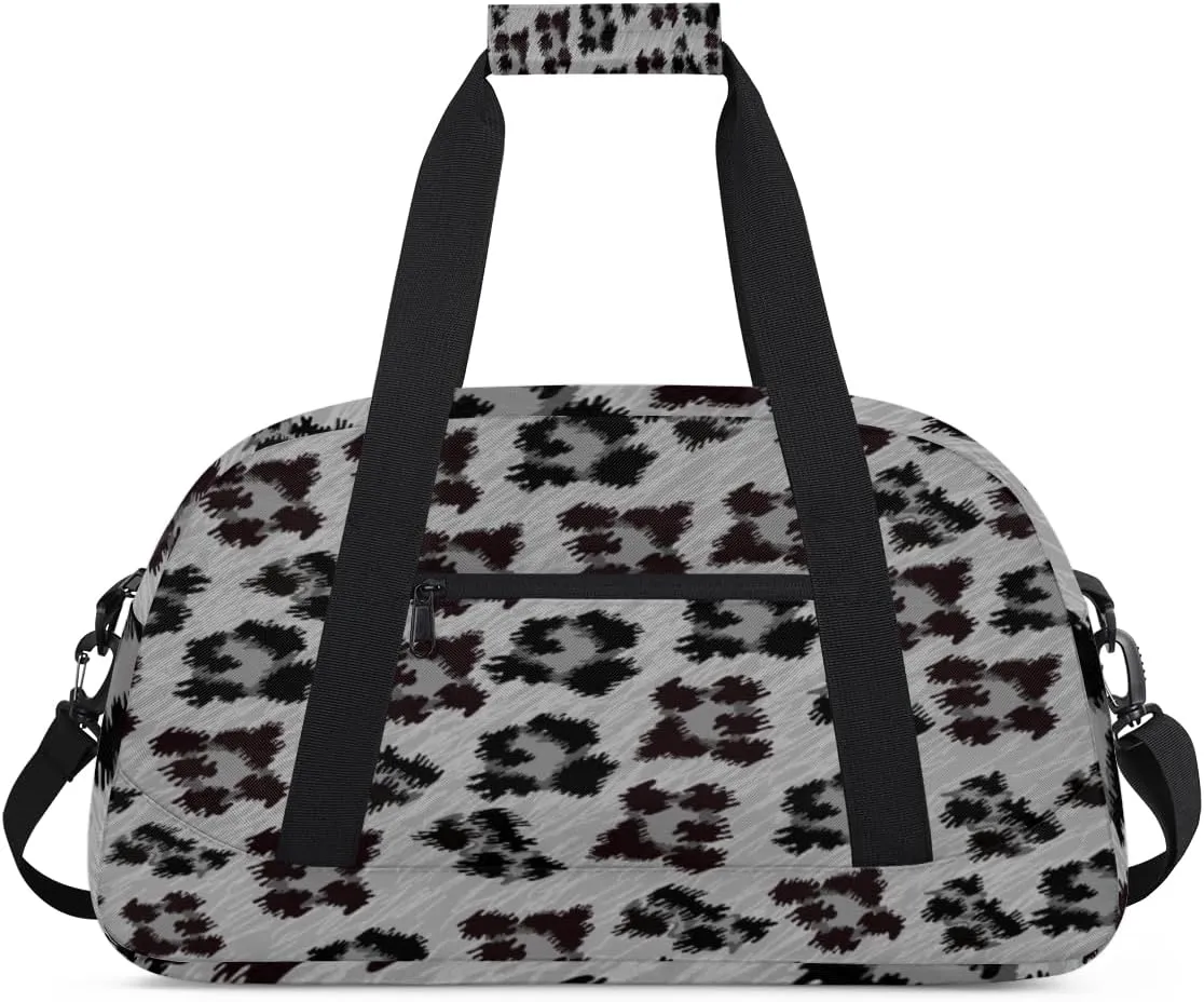 Gray Leopard Gym Duffel Bag for Men Women Cartoon Pattern Sports Tote Bag with Adjustable Shoulder Strap for Dance Gymnastics Traveling Outdoor Camping Overnight Stay