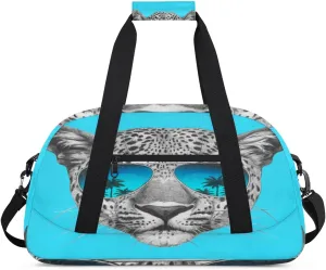 Grey Leopards Head Gym Duffel Bag for Men Women Sunglasses Coconut Tree Sports Tote Bag with Adjustable Shoulder Strap for Dance Gymnastics Traveling Outdoor Camping Overnight Stay