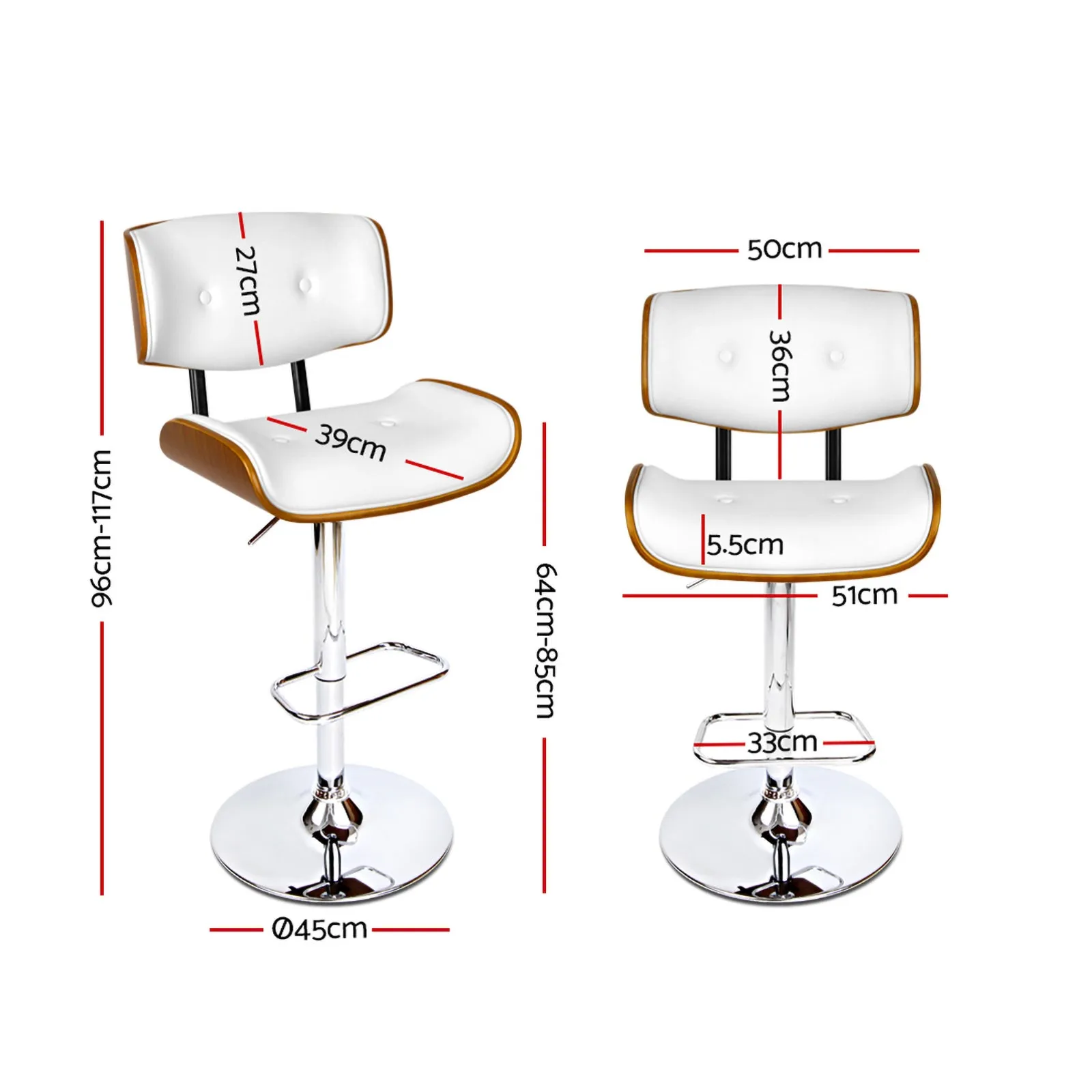 Hailey Wood and Leather Gas Lift Bar Stool White and Chrome