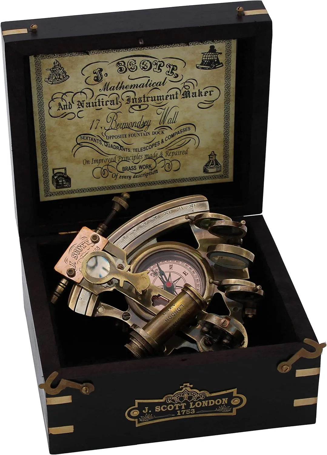 Handmade Astrolabe Brass Sextant with Built-in Compass and Hardwood Box – Precision Maritime Navigation Tool