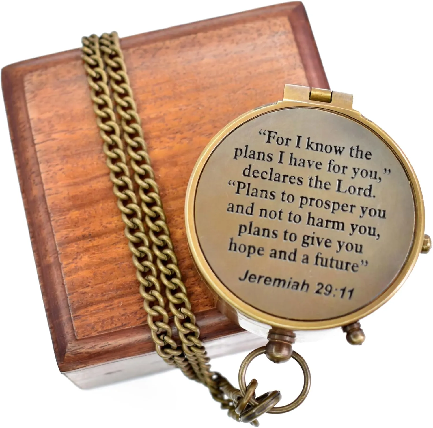 Handmade Portable Antique Brass Chain Compass Engraved with Wooden Box Men's & Women's Hiking Camping Use and Pirate Accessories