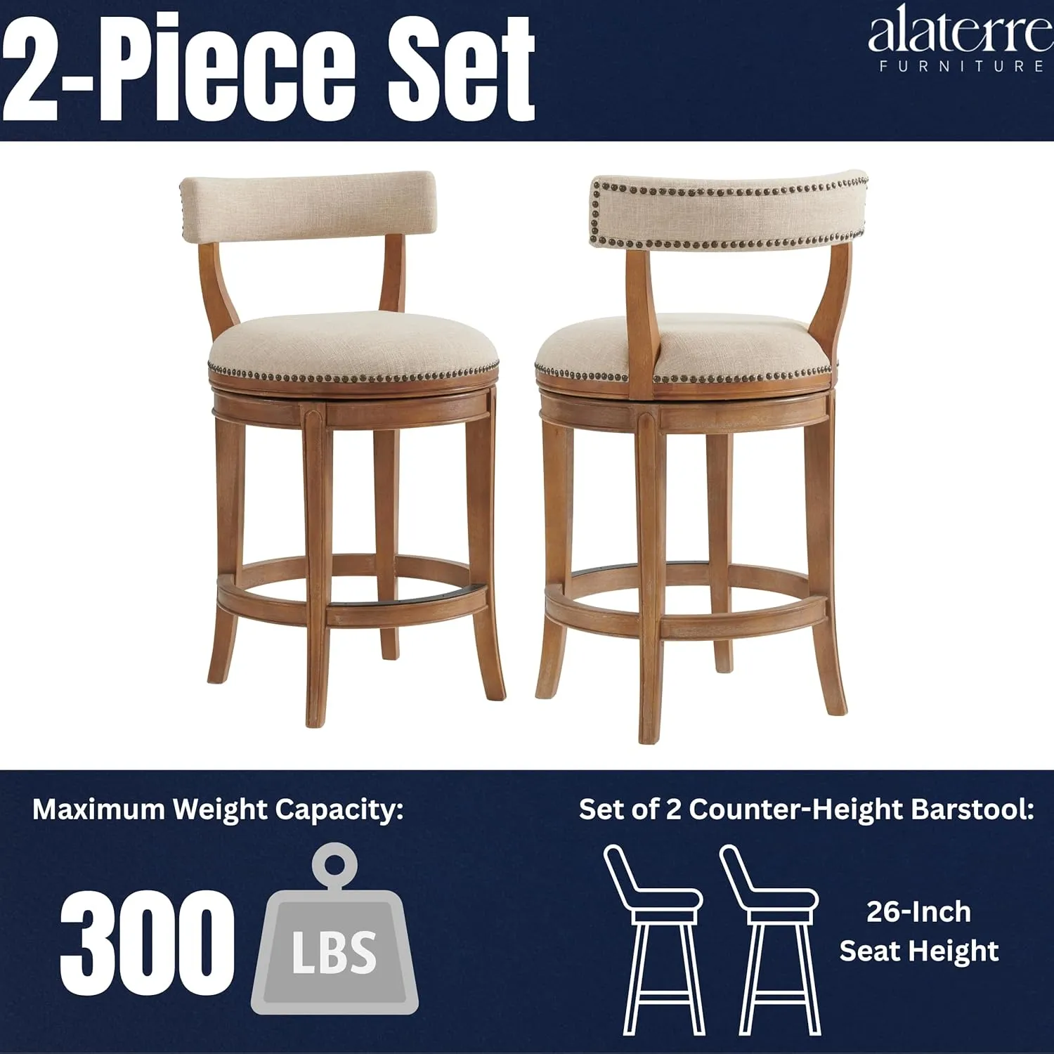 Hanover Swivel Counter Height Bar Stools, Set of 2, Weathered Brown and Beige, Faux Leather Upholstered Seat, Steel Memory Return Swivel, Rubberwood Frame, 20 in. W x 22 in. D x 37 in. H
