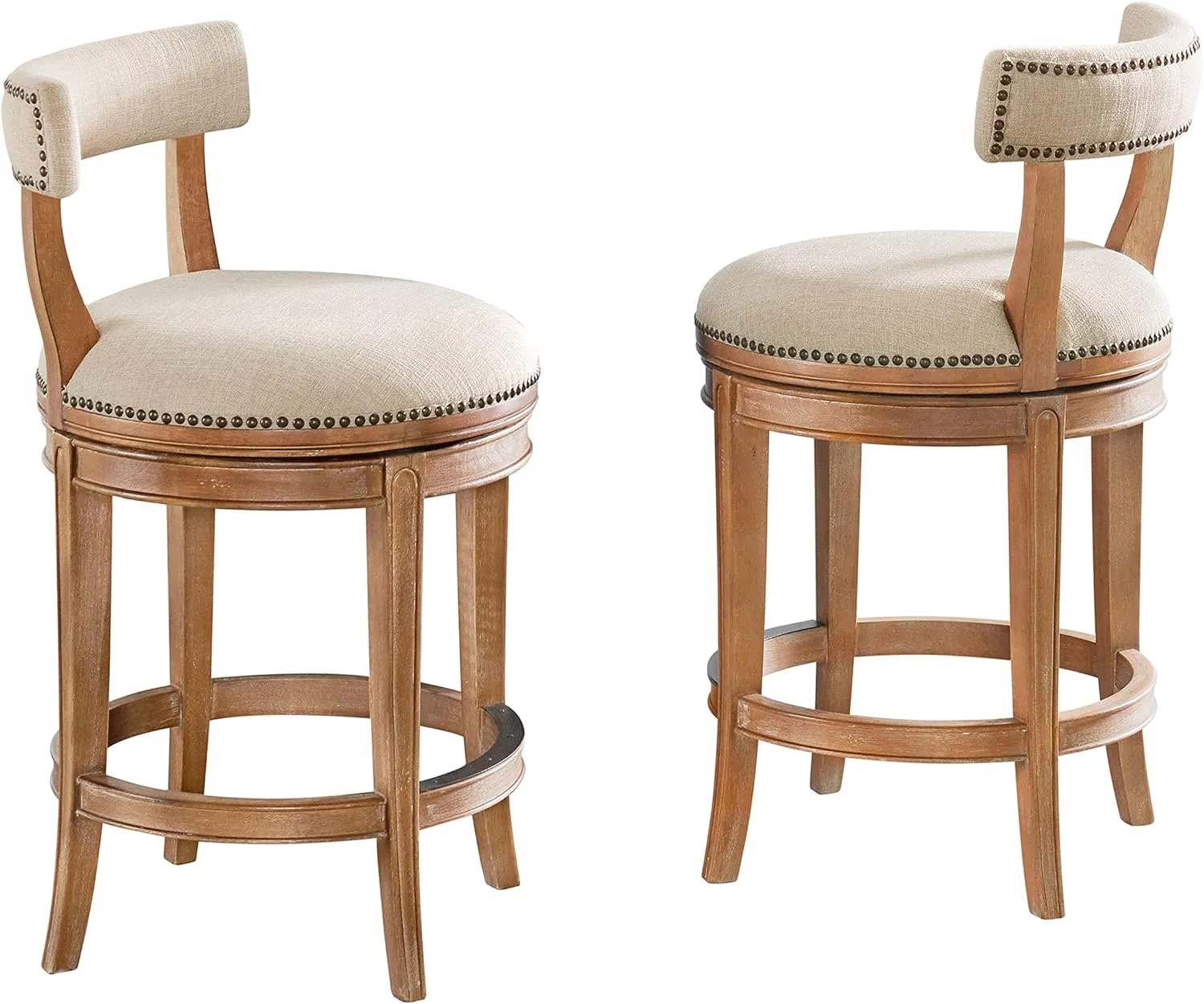 Hanover Swivel Counter Height Bar Stools, Set of 2, Weathered Brown and Beige, Faux Leather Upholstered Seat, Steel Memory Return Swivel, Rubberwood Frame, 20 in. W x 22 in. D x 37 in. H