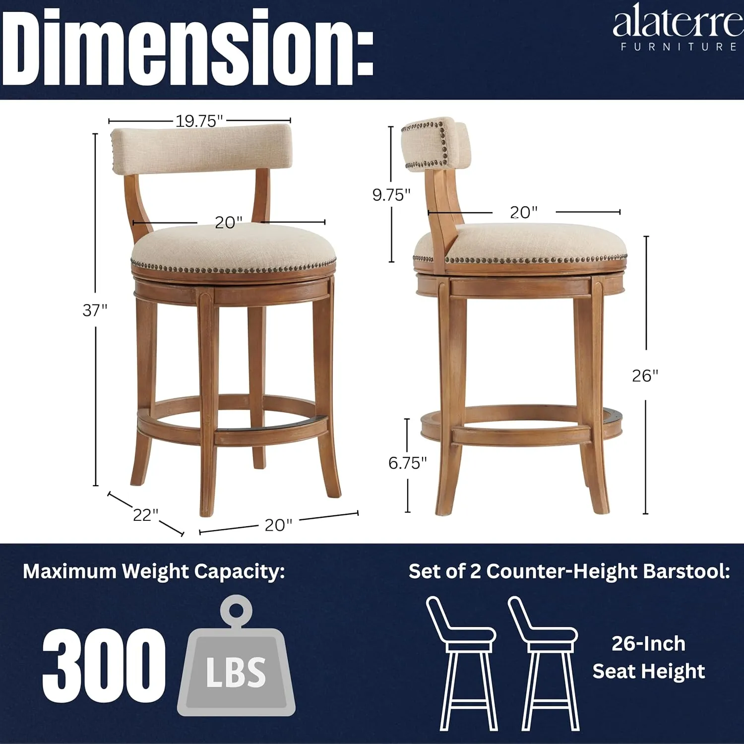Hanover Swivel Counter Height Bar Stools, Set of 2, Weathered Brown and Beige, Faux Leather Upholstered Seat, Steel Memory Return Swivel, Rubberwood Frame, 20 in. W x 22 in. D x 37 in. H