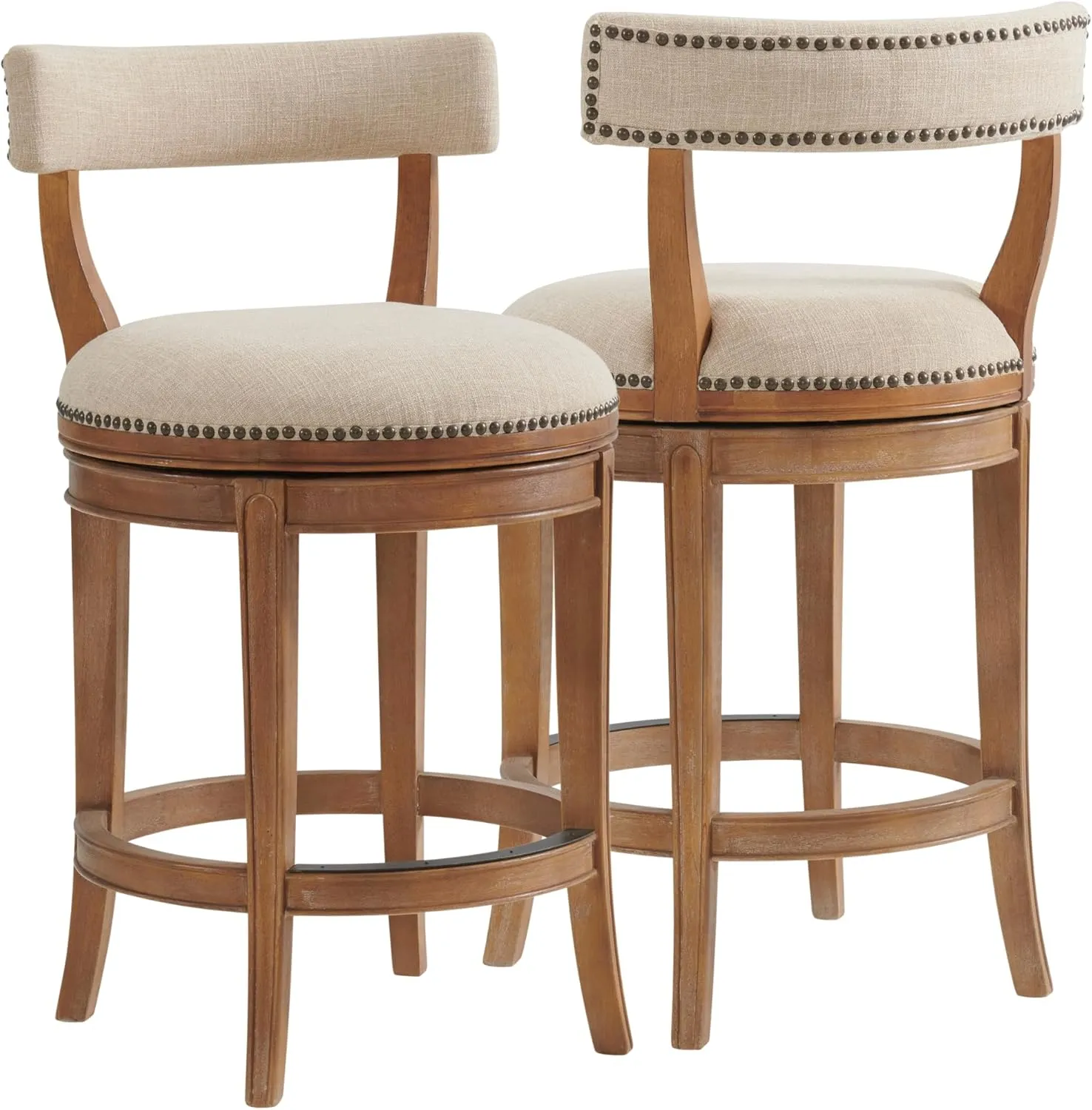 Hanover Swivel Counter Height Bar Stools, Set of 2, Weathered Brown and Beige, Faux Leather Upholstered Seat, Steel Memory Return Swivel, Rubberwood Frame, 20 in. W x 22 in. D x 37 in. H