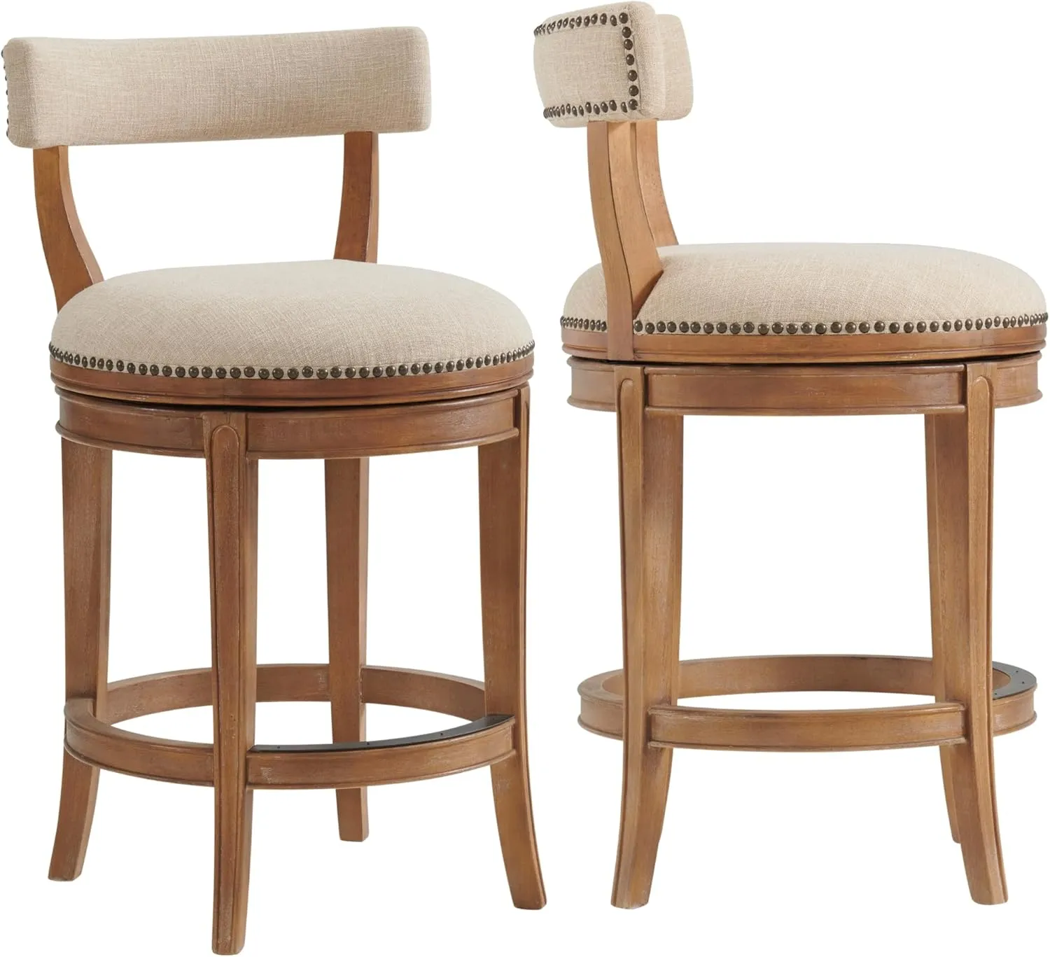 Hanover Swivel Counter Height Bar Stools, Set of 2, Weathered Brown and Beige, Faux Leather Upholstered Seat, Steel Memory Return Swivel, Rubberwood Frame, 20 in. W x 22 in. D x 37 in. H