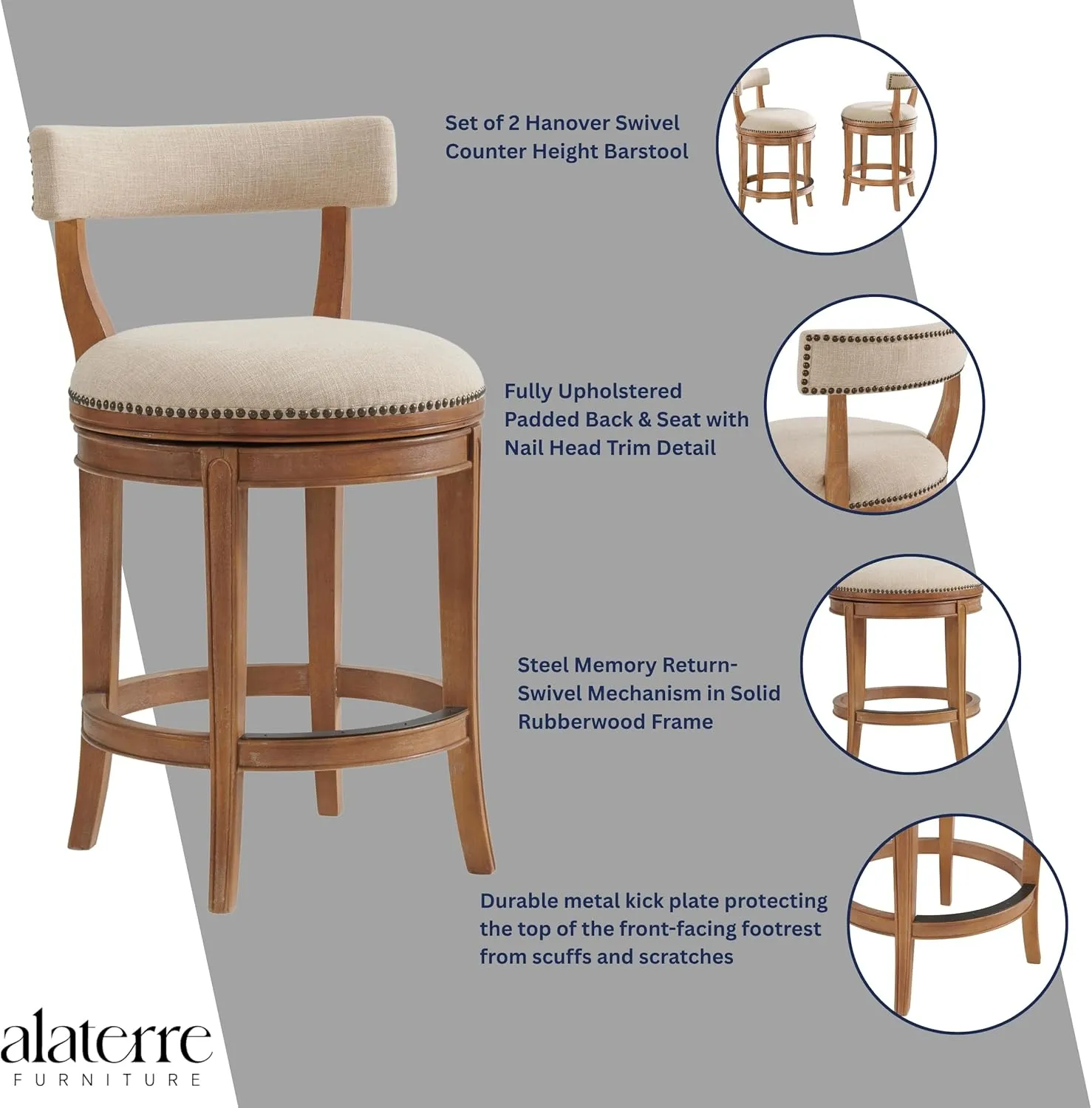 Hanover Swivel Counter Height Bar Stools, Set of 2, Weathered Brown and Beige, Faux Leather Upholstered Seat, Steel Memory Return Swivel, Rubberwood Frame, 20 in. W x 22 in. D x 37 in. H