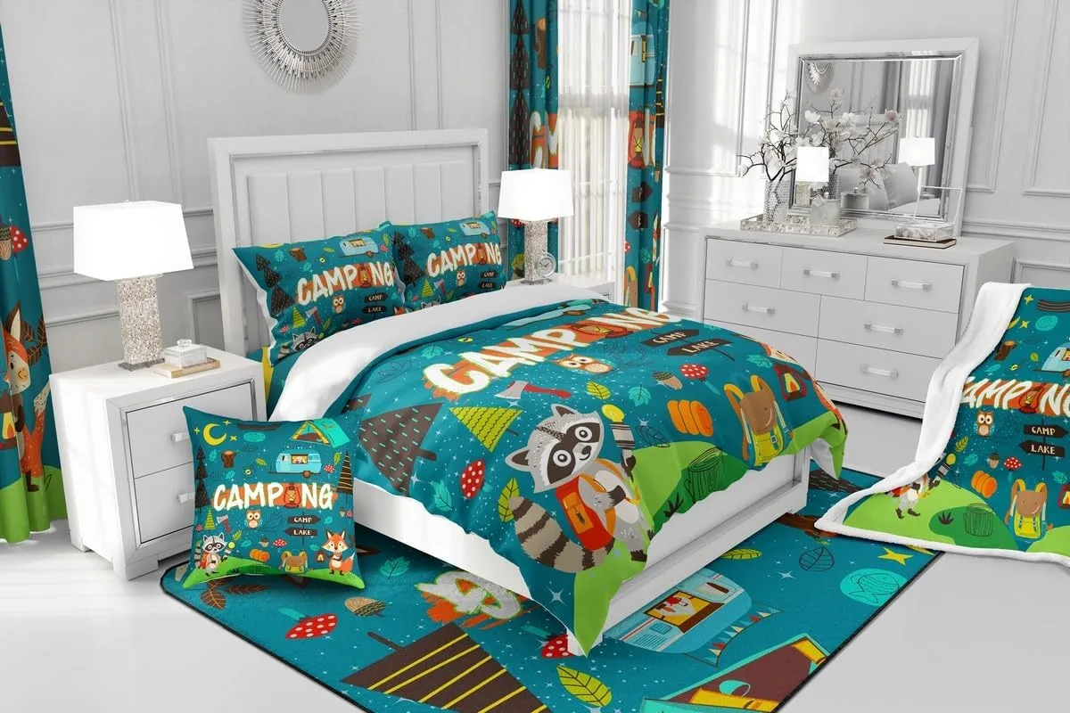 Happy Camping Comforter Set Camper Kids Bedding Comforter Sets for Boys Teens Adult Bedroom Decor, Cartoon Rv Camping Bedding Fox Cute Animal Down Comforter for Travel Trailers, Twin