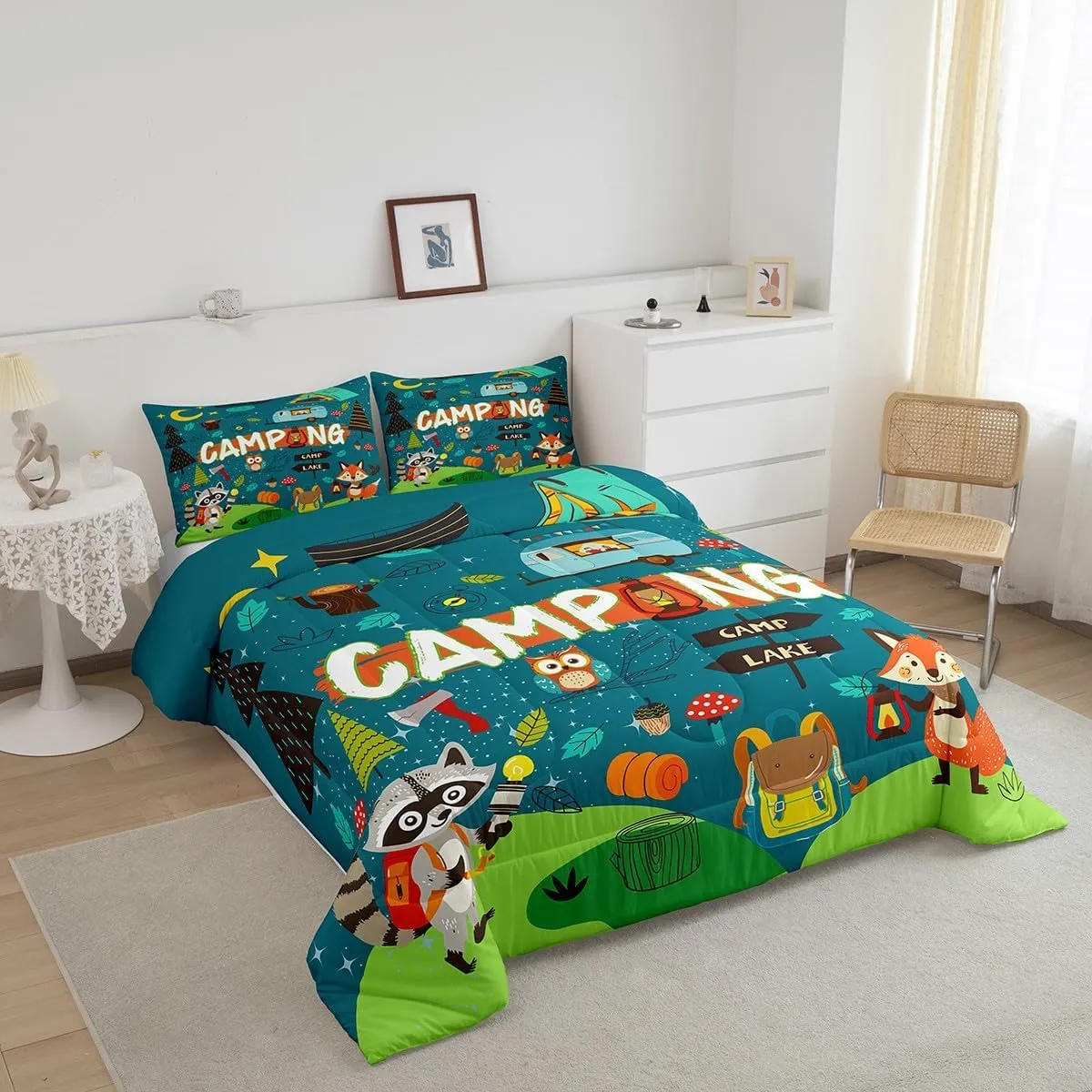 Happy Camping Comforter Set Camper Kids Bedding Comforter Sets for Boys Teens Adult Bedroom Decor, Cartoon Rv Camping Bedding Fox Cute Animal Down Comforter for Travel Trailers, Twin