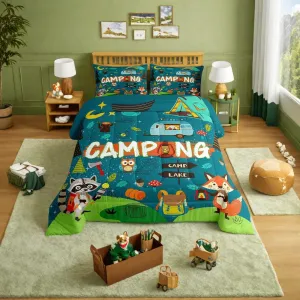 Happy Camping Comforter Set Camper Kids Bedding Comforter Sets for Boys Teens Adult Bedroom Decor, Cartoon Rv Camping Bedding Fox Cute Animal Down Comforter for Travel Trailers, Twin