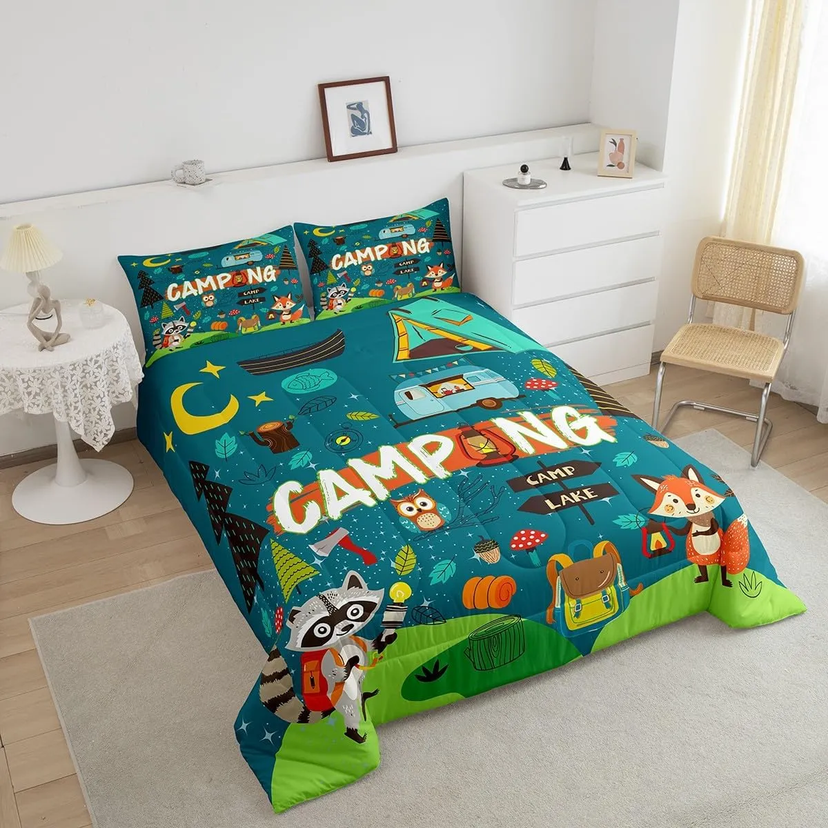 Happy Camping Comforter Set Camper Kids Bedding Comforter Sets for Boys Teens Adult Bedroom Decor, Cartoon Rv Camping Bedding Fox Cute Animal Down Comforter for Travel Trailers, Twin