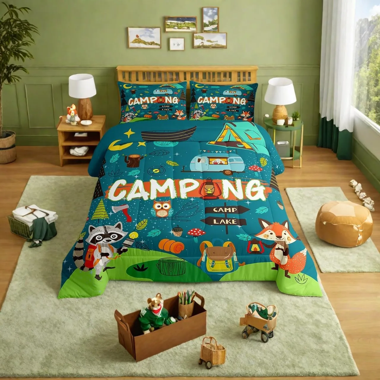 Happy Camping Comforter Set Camper Kids Bedding Comforter Sets for Boys Teens Adult Bedroom Decor, Cartoon Rv Camping Bedding Fox Cute Animal Down Comforter for Travel Trailers, Twin
