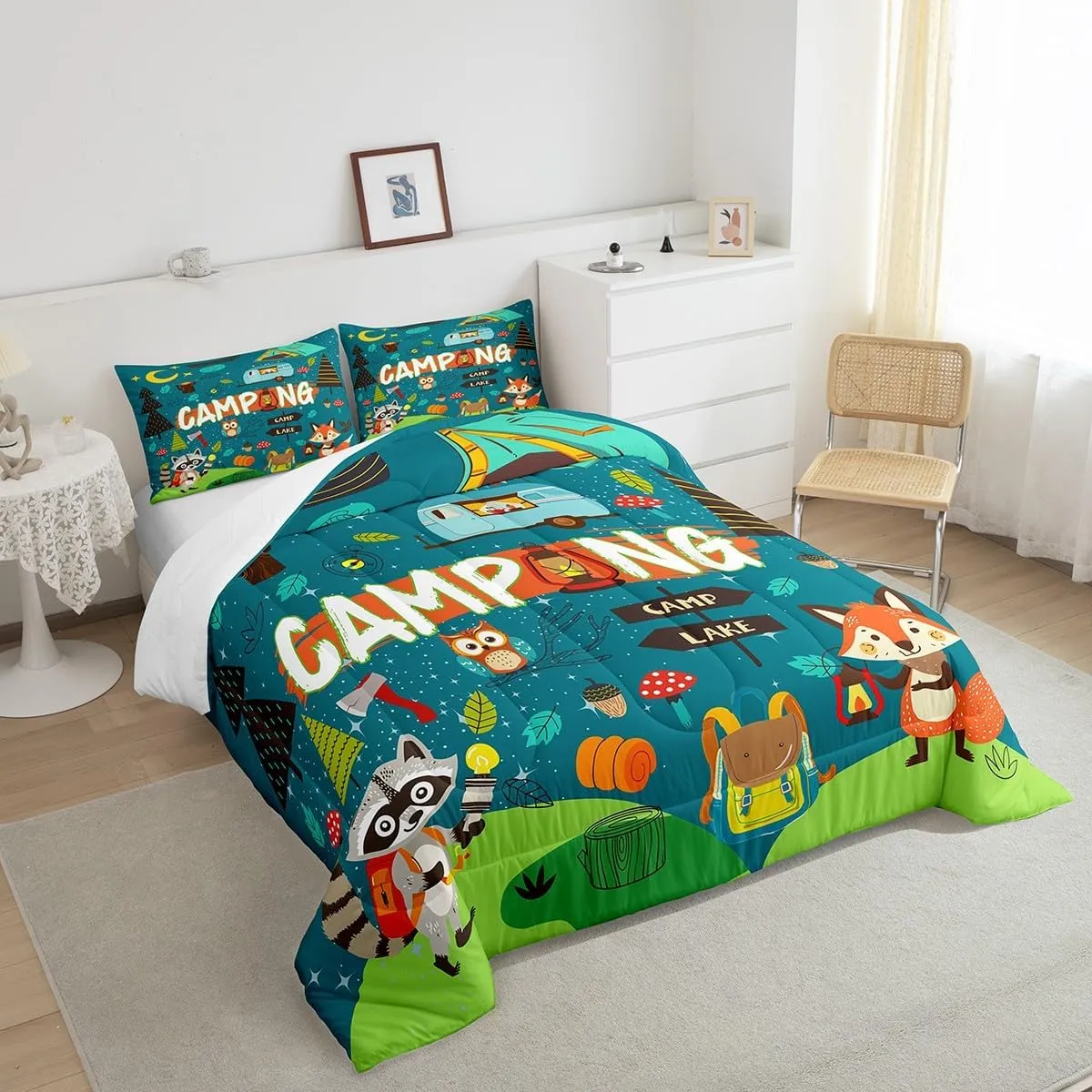 Happy Camping Comforter Set Camper Kids Bedding Comforter Sets for Boys Teens Adult Bedroom Decor, Cartoon Rv Camping Bedding Fox Cute Animal Down Comforter for Travel Trailers, Twin