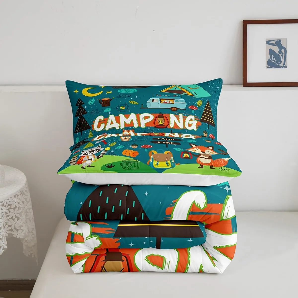 Happy Camping Comforter Set Camper Kids Bedding Comforter Sets for Boys Teens Adult Bedroom Decor, Cartoon Rv Camping Bedding Fox Cute Animal Down Comforter for Travel Trailers, Twin