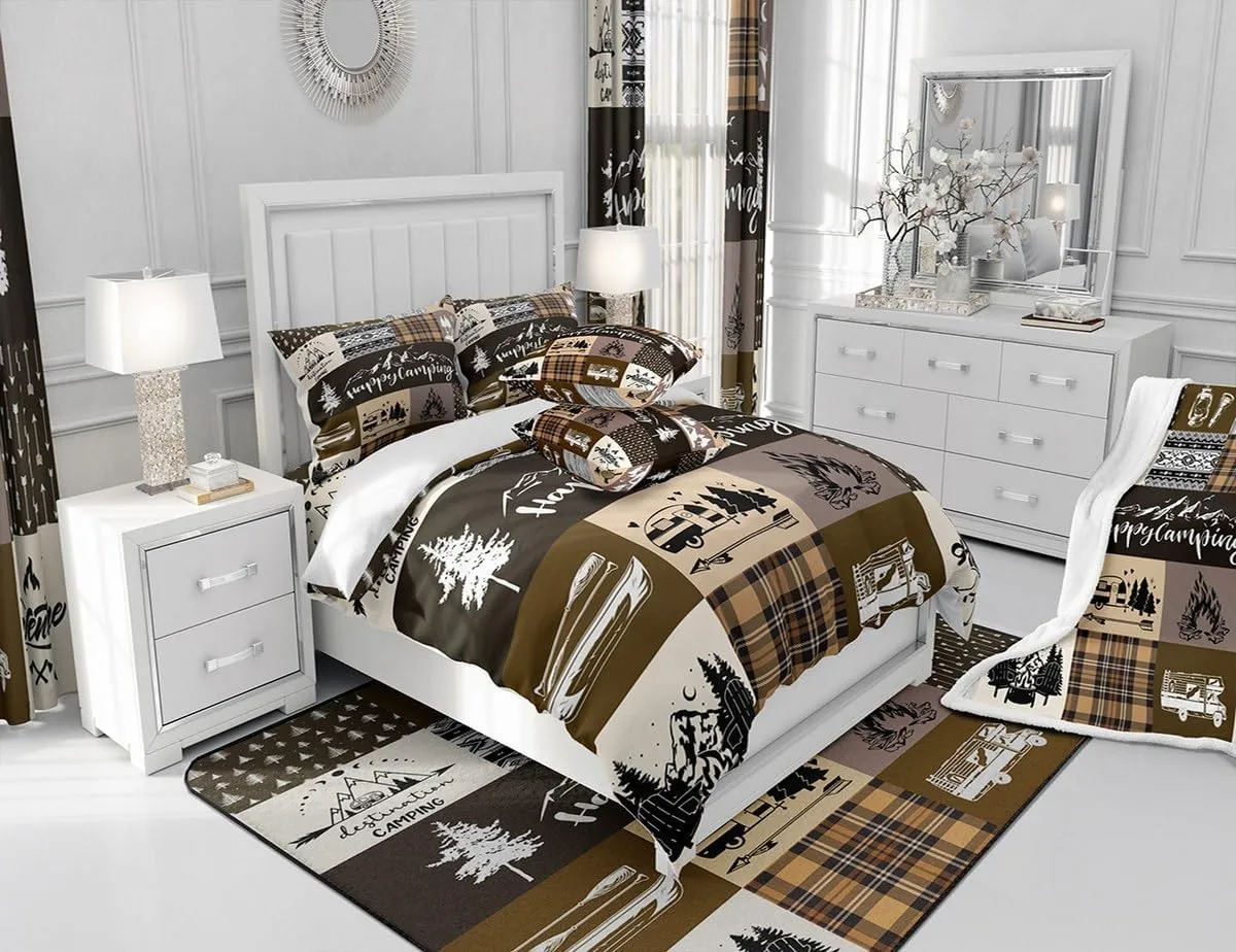Happy Camping Comforter Set Queen Size,RV Camper Adventure Tent Patchwork Bedding Set for Women Adult,Rustic Farmhouse Lake Cabin Brown Check Luxury Bed Duvet Insert, 2 Pillowcases
