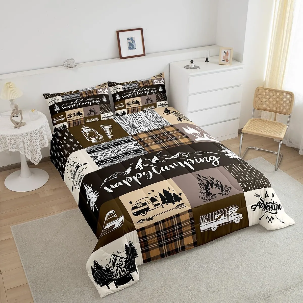 Happy Camping Comforter Set Queen Size,RV Camper Adventure Tent Patchwork Bedding Set for Women Adult,Rustic Farmhouse Lake Cabin Brown Check Luxury Bed Duvet Insert, 2 Pillowcases