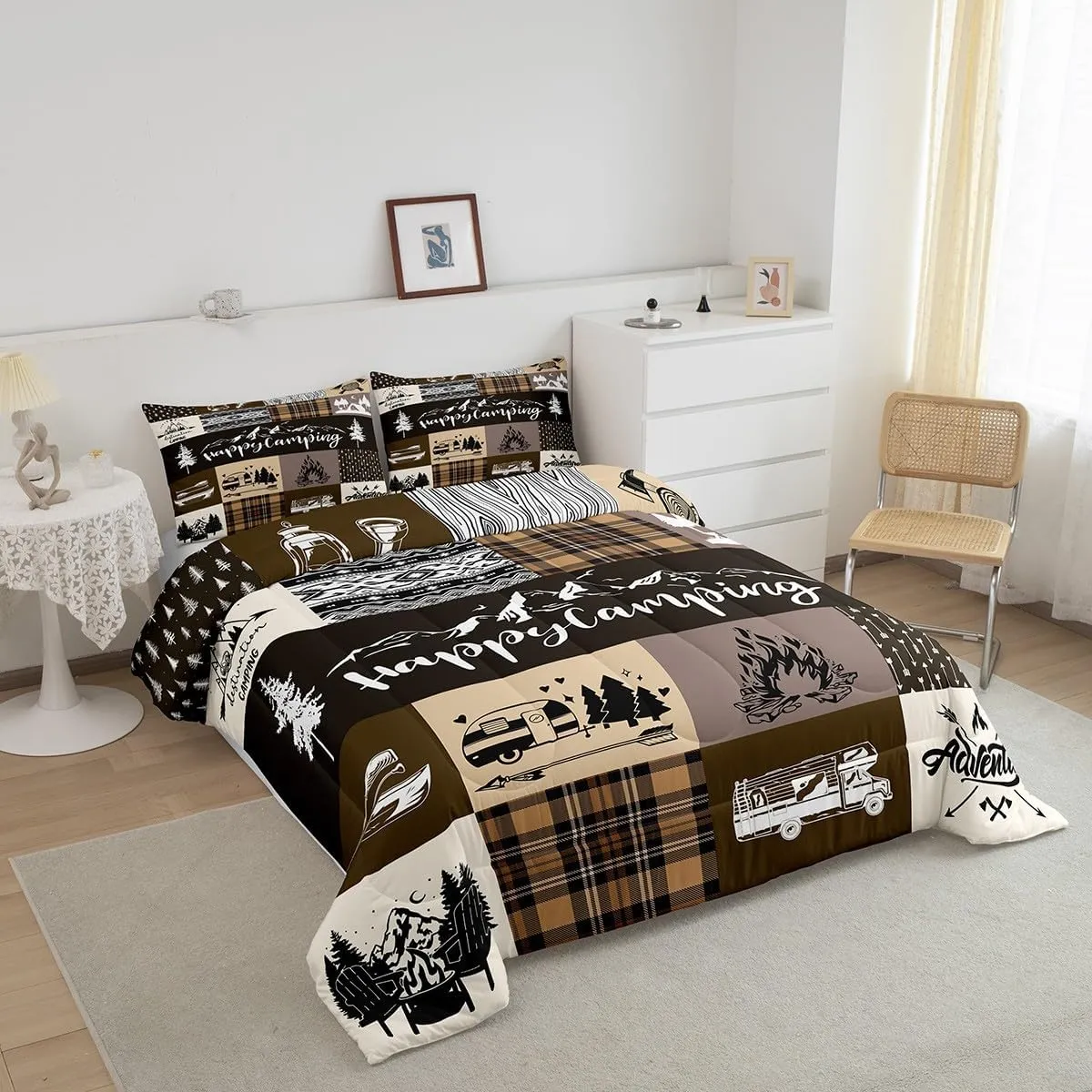 Happy Camping Comforter Set Queen Size,RV Camper Adventure Tent Patchwork Bedding Set for Women Adult,Rustic Farmhouse Lake Cabin Brown Check Luxury Bed Duvet Insert, 2 Pillowcases