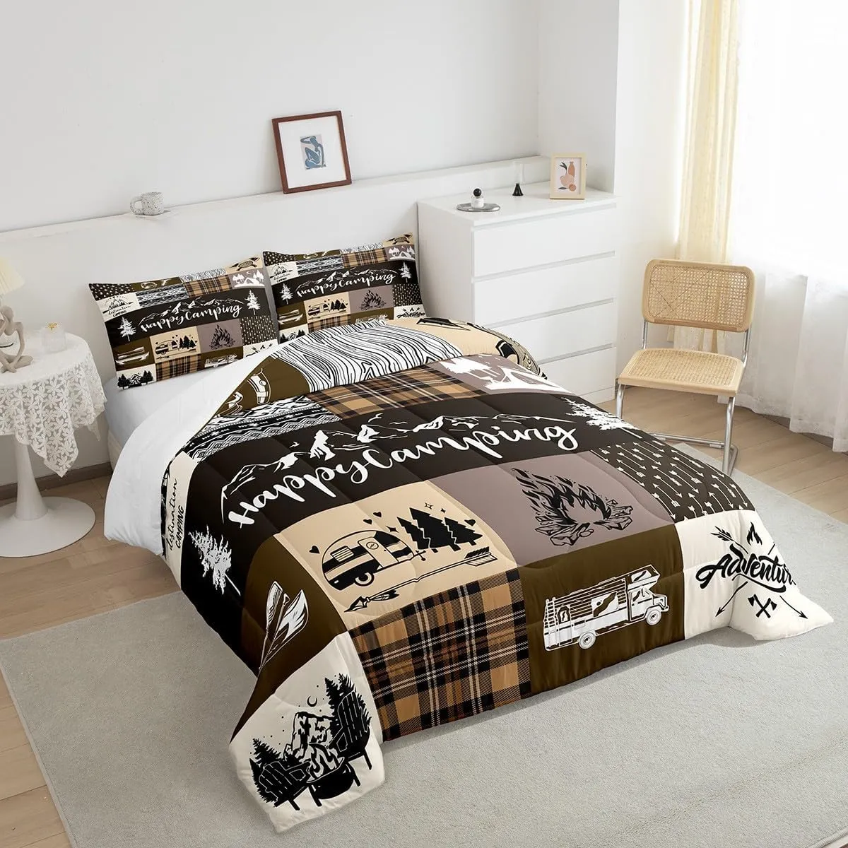 Happy Camping Comforter Set Queen Size,RV Camper Adventure Tent Patchwork Bedding Set for Women Adult,Rustic Farmhouse Lake Cabin Brown Check Luxury Bed Duvet Insert, 2 Pillowcases