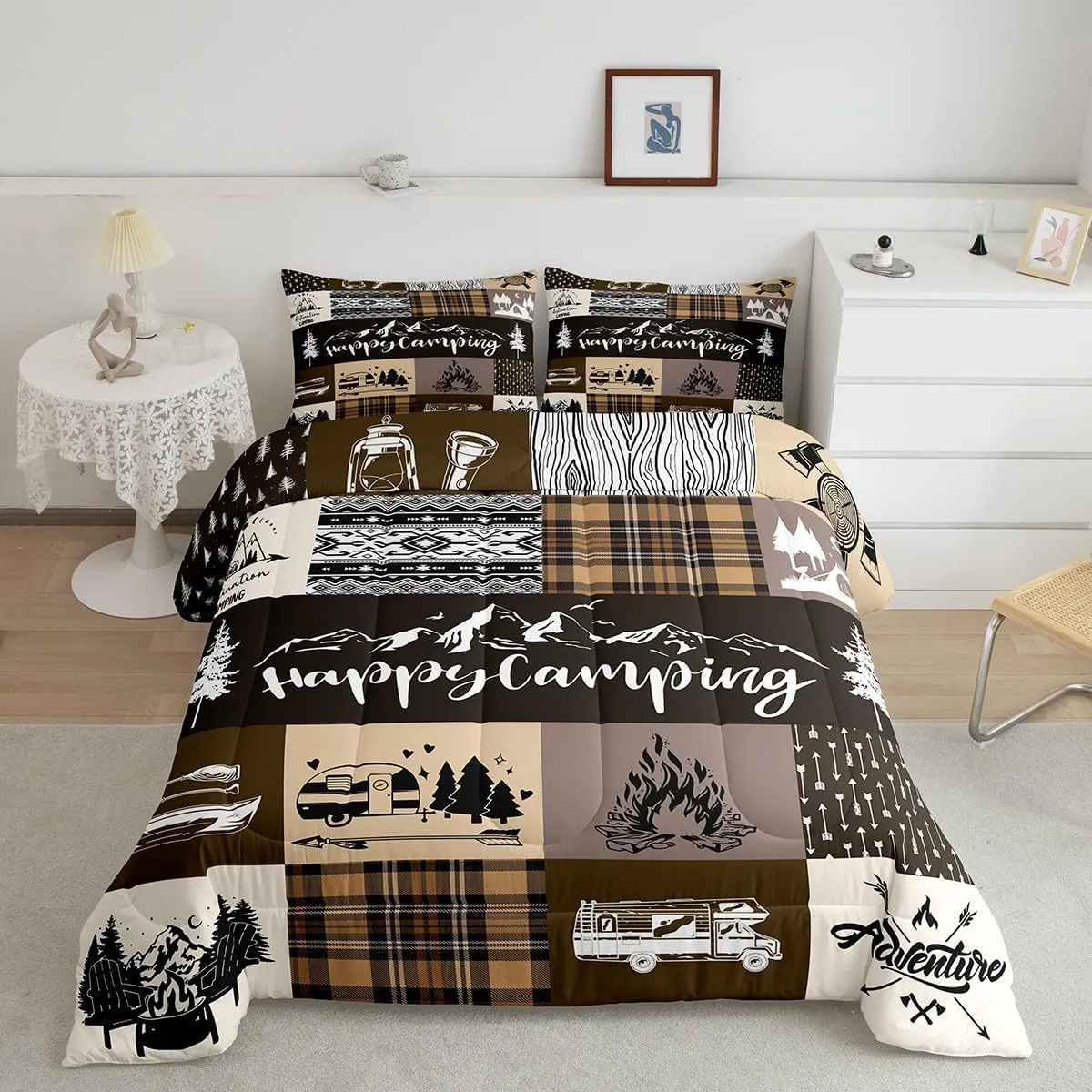 Happy Camping Comforter Set Queen Size,RV Camper Adventure Tent Patchwork Bedding Set for Women Adult,Rustic Farmhouse Lake Cabin Brown Check Luxury Bed Duvet Insert, 2 Pillowcases