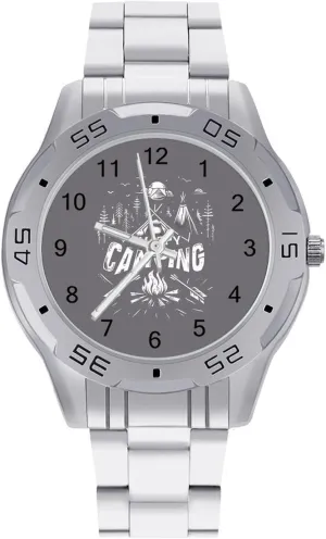 Happy Camping Night Bonfire Classic Wrist Watches for Men Casual Business Dress Watch with Stainless Steel Band Work Party