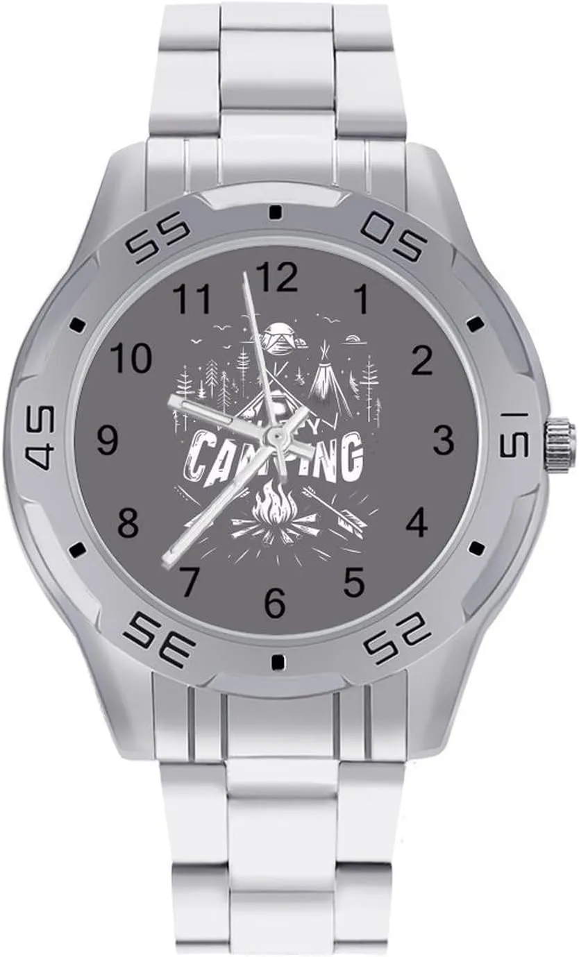Happy Camping Night Bonfire Classic Wrist Watches for Men Casual Business Dress Watch with Stainless Steel Band Work Party