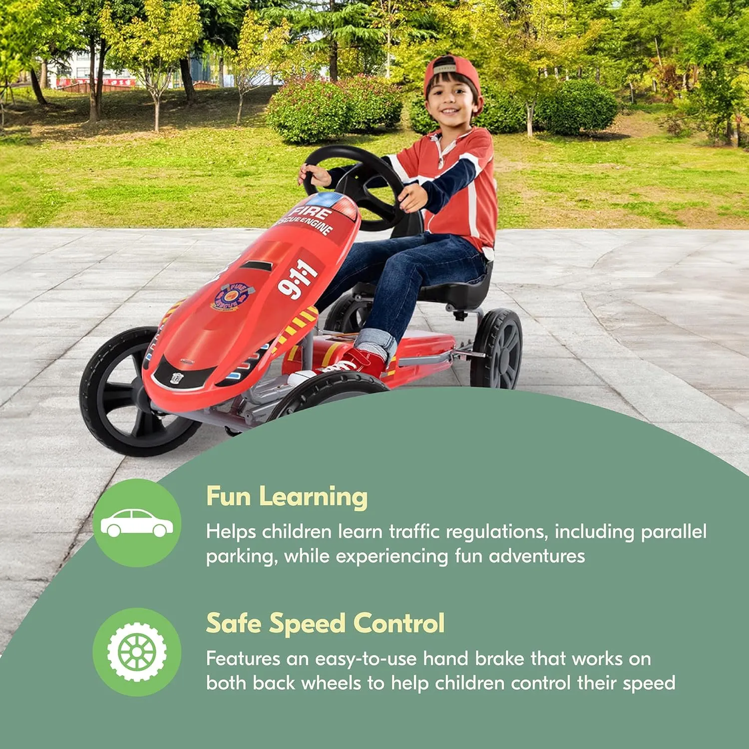 Hauck Speedster Pedal Go Kart with Adjustable Bucket Seat for Kids Ages 4 to 8, Fire Rescue