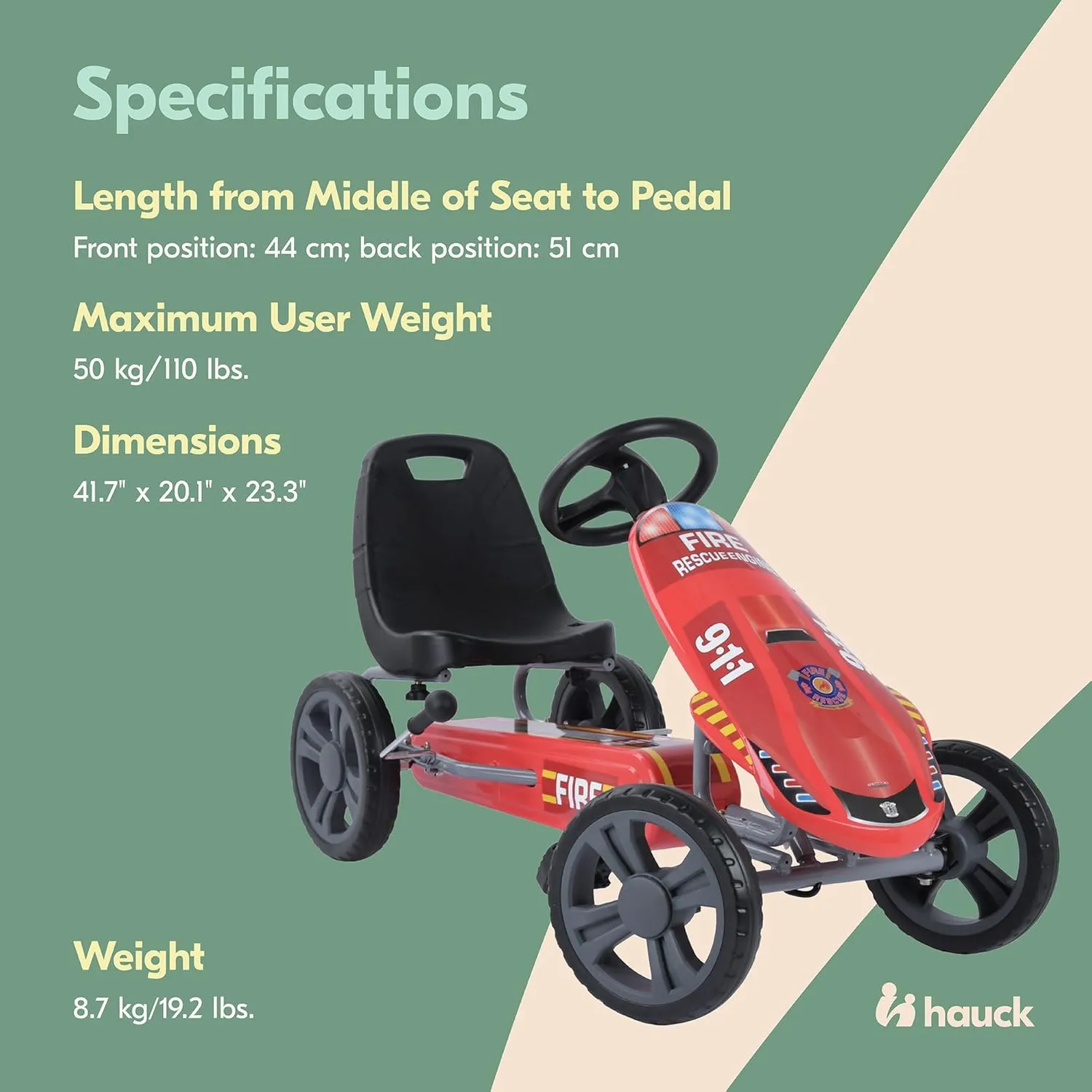 Hauck Speedster Pedal Go Kart with Adjustable Bucket Seat for Kids Ages 4 to 8, Fire Rescue