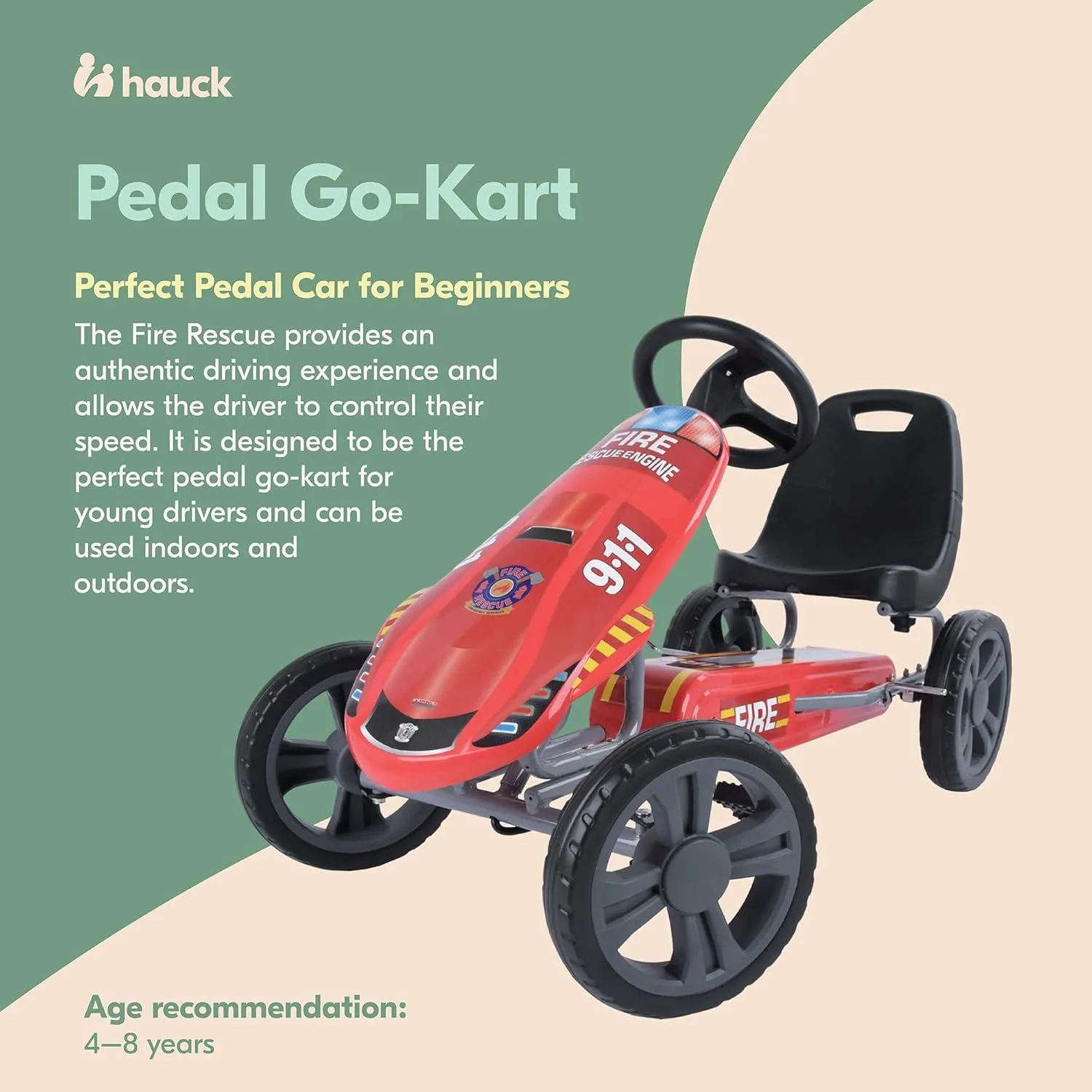 Hauck Speedster Pedal Go Kart with Adjustable Bucket Seat for Kids Ages 4 to 8, Fire Rescue