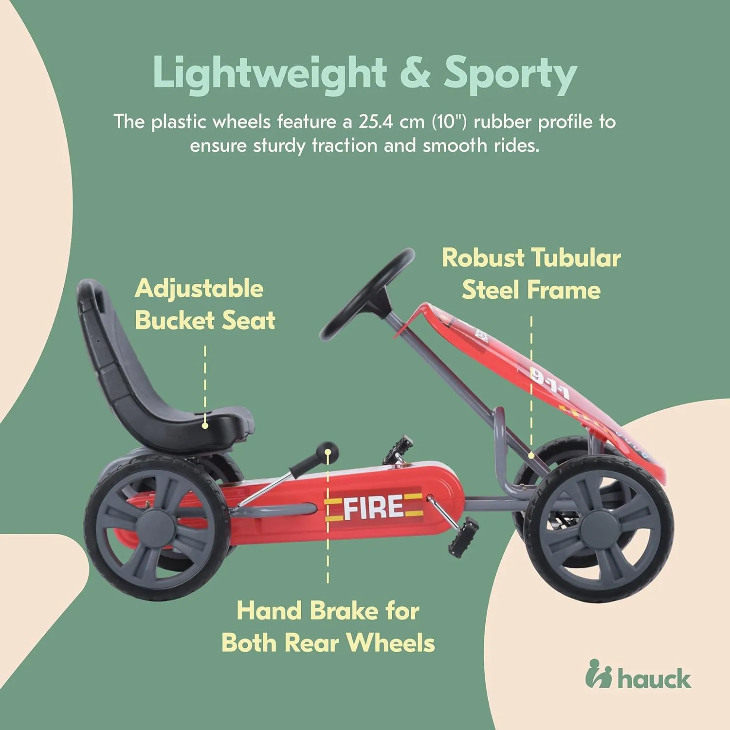 Hauck Speedster Pedal Go Kart with Adjustable Bucket Seat for Kids Ages 4 to 8, Fire Rescue