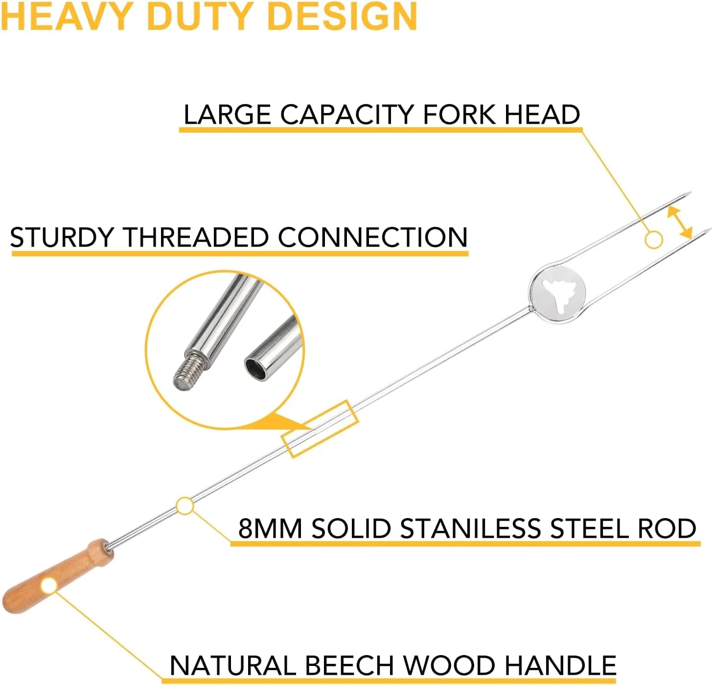Heavy Duty Hot Dog Roasting Sticks for Campfire, Extendable Marshmallow Sticks for Fire Pit, 32" Long Smores Sticks, Stainless Steel Skewers for Hotdogs and Smores, Beech Wood Handle, 4 Pack