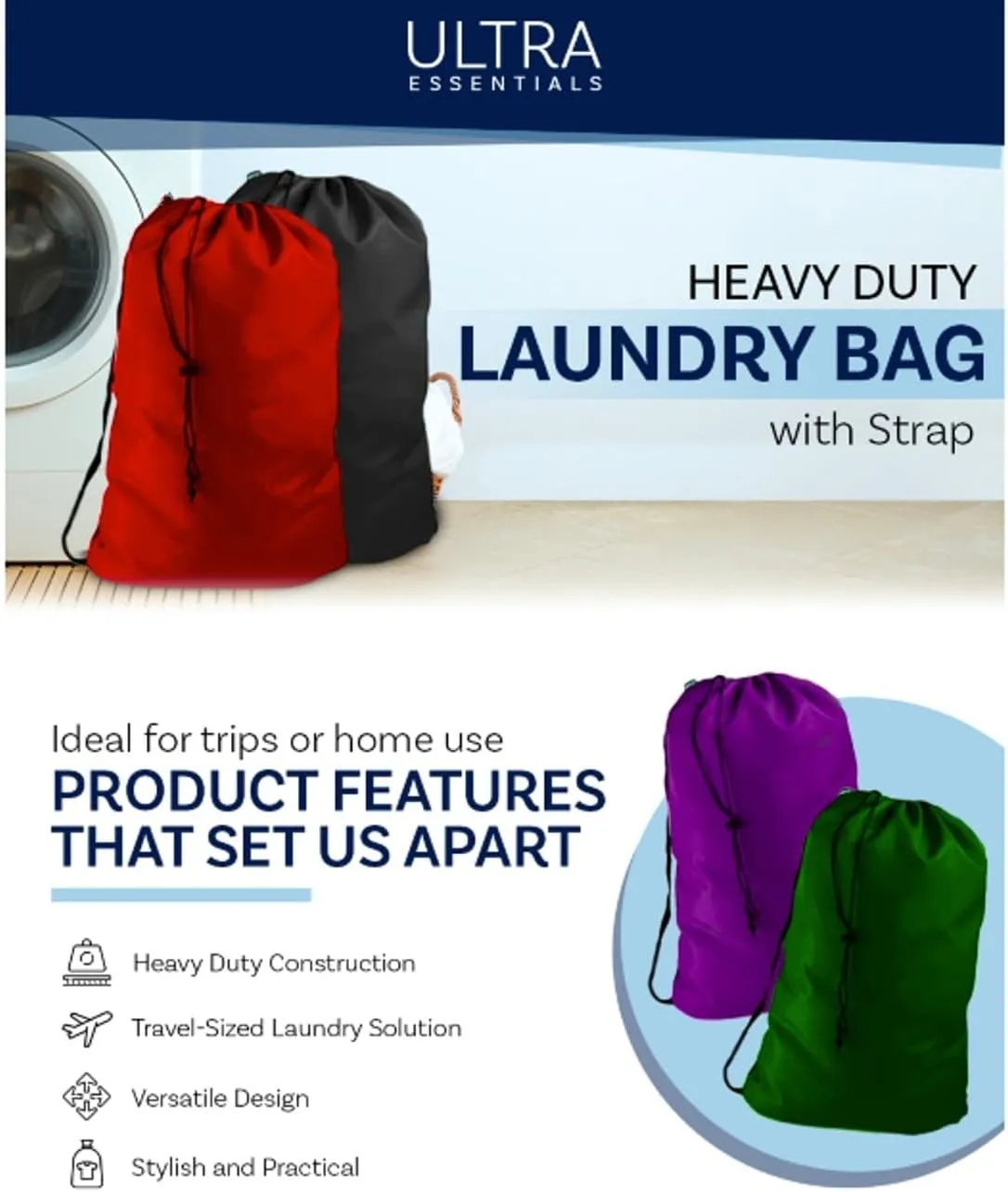 Heavy Duty Laundry Bag w/Shoulder Strap, 22" x 28", 210 Denier Polyester, Holds 2 Loads or 35 lbs, Plus 1 Lavender Sachet (LIME GREEN)