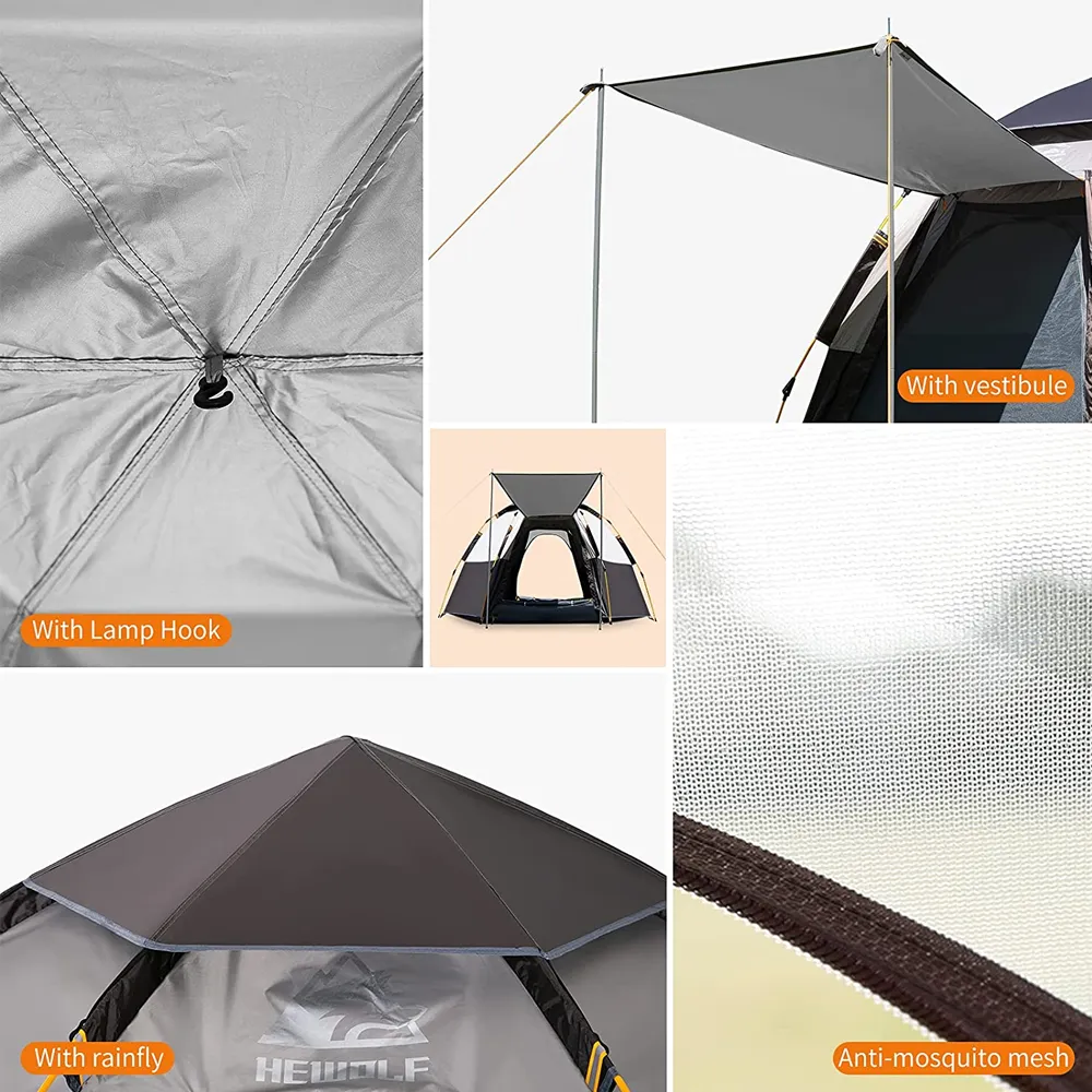 Hewolf Automatic 4 person Hexa Tent - Black Silver