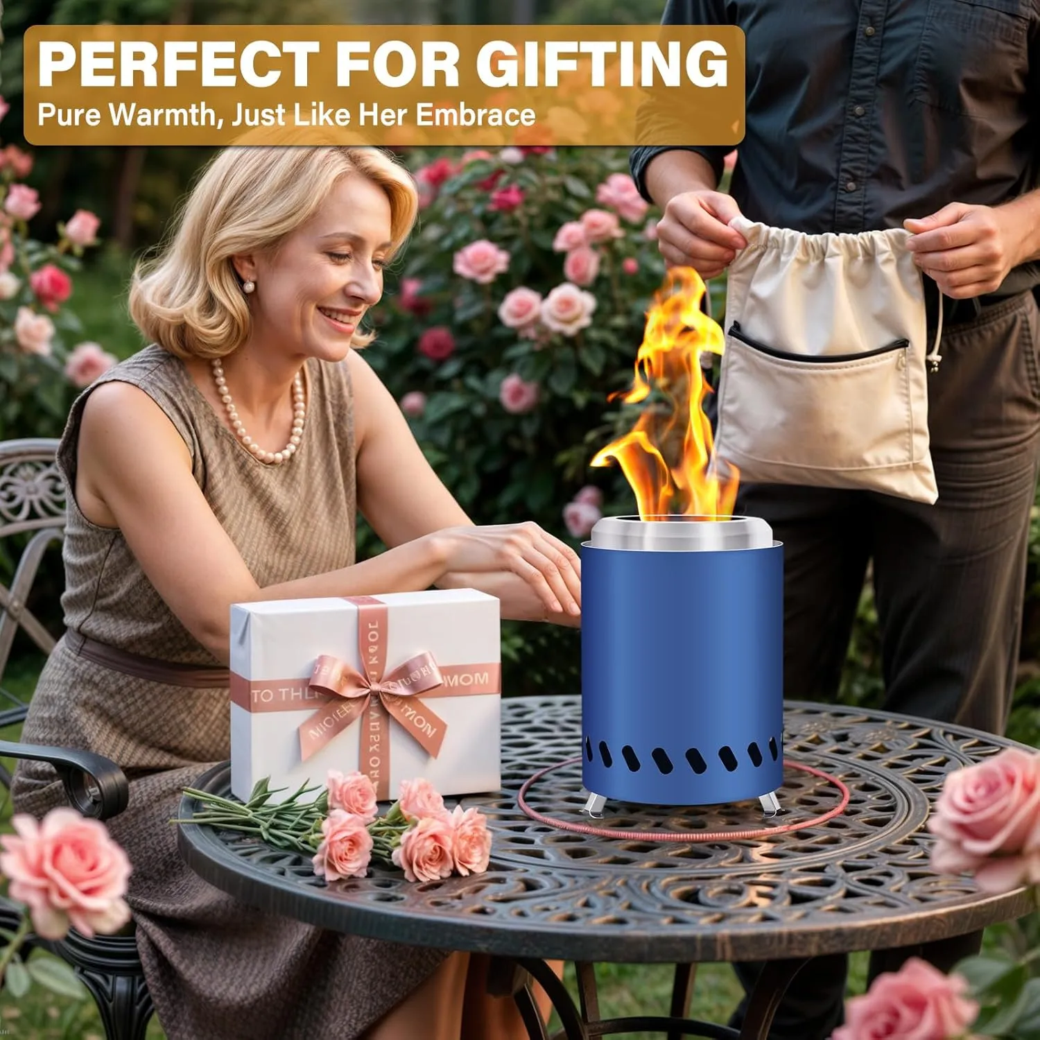 HGD Small Tabletop Fire Pit, Smokeless Table Top Firepit Outdoor, Portable Mini Stove with Carry Bag for Camping Backyard Patio Garden Picnic, Fueled by Pellets or Wood, Stainless Steel, Blue