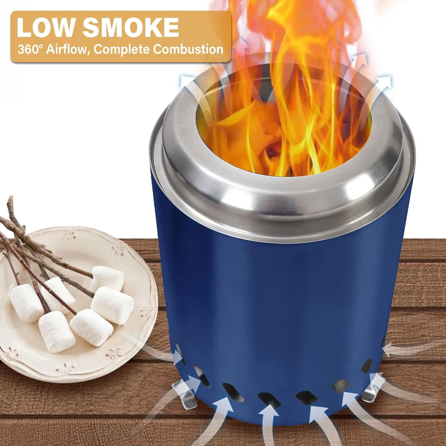 HGD Small Tabletop Fire Pit, Smokeless Table Top Firepit Outdoor, Portable Mini Stove with Carry Bag for Camping Backyard Patio Garden Picnic, Fueled by Pellets or Wood, Stainless Steel, Blue
