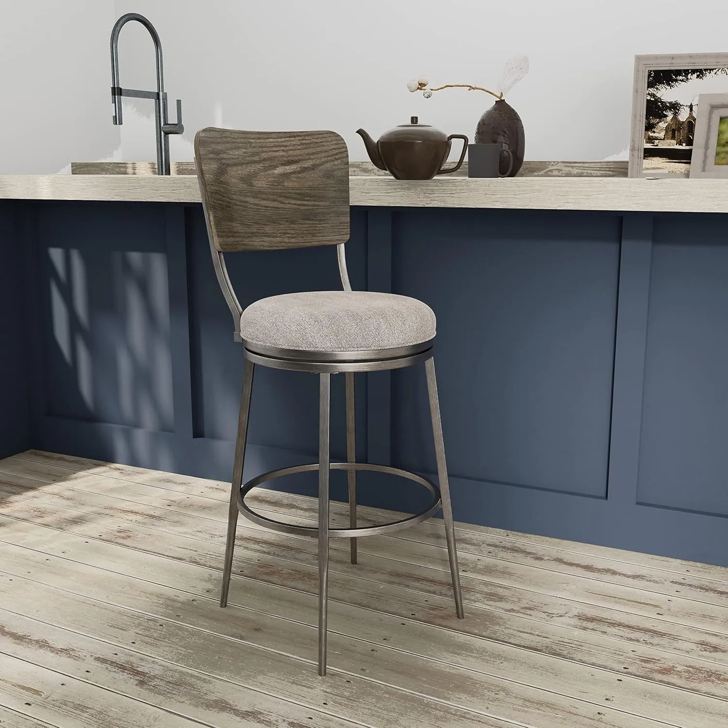 Hillsdale, Garren Metal Bar Height Swivel Stool with Wood Panel Back, Rubbed Pewter