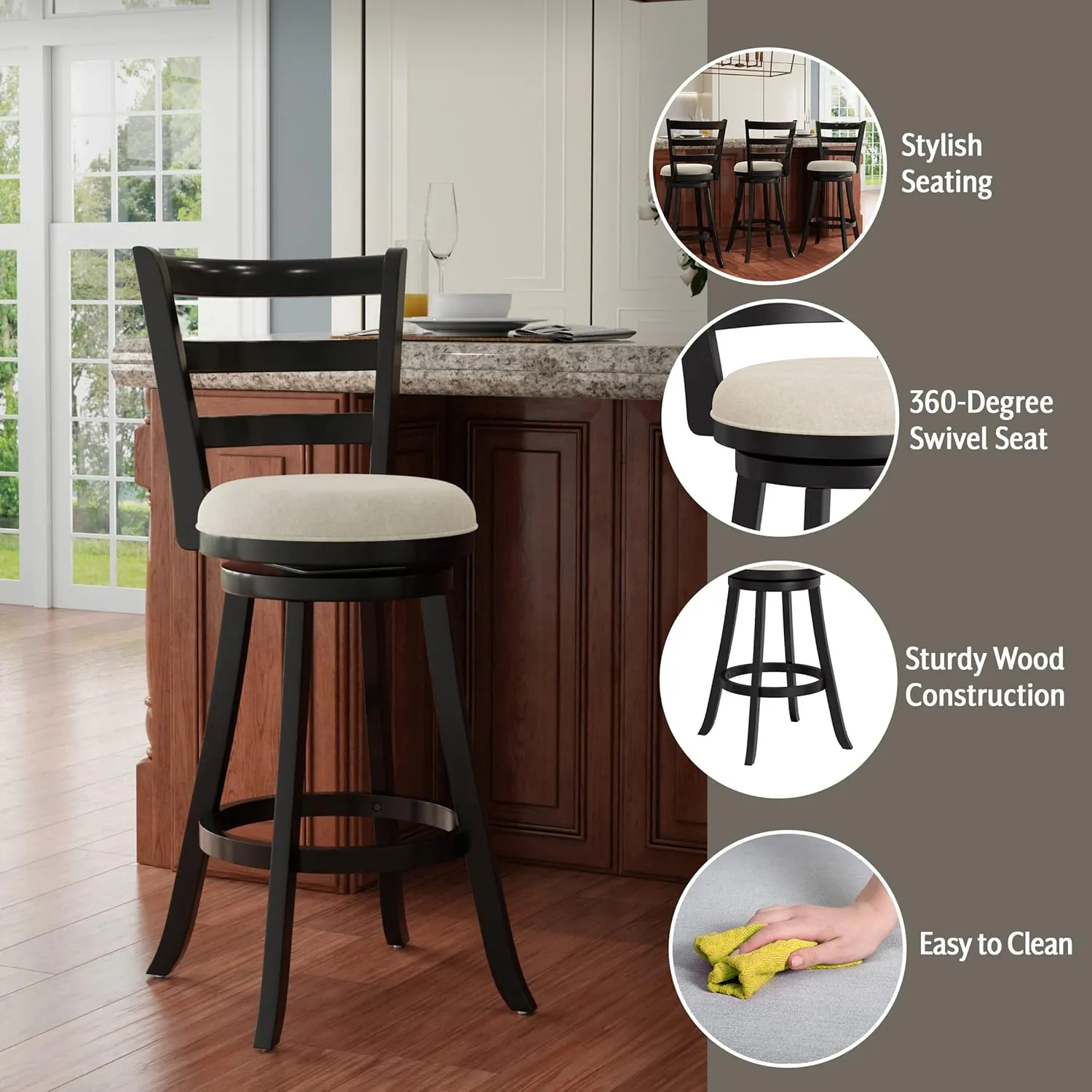 Hillsdale Laymon Modern Wood Swivel Stool with Upholstered Seat, Bar Height, Black