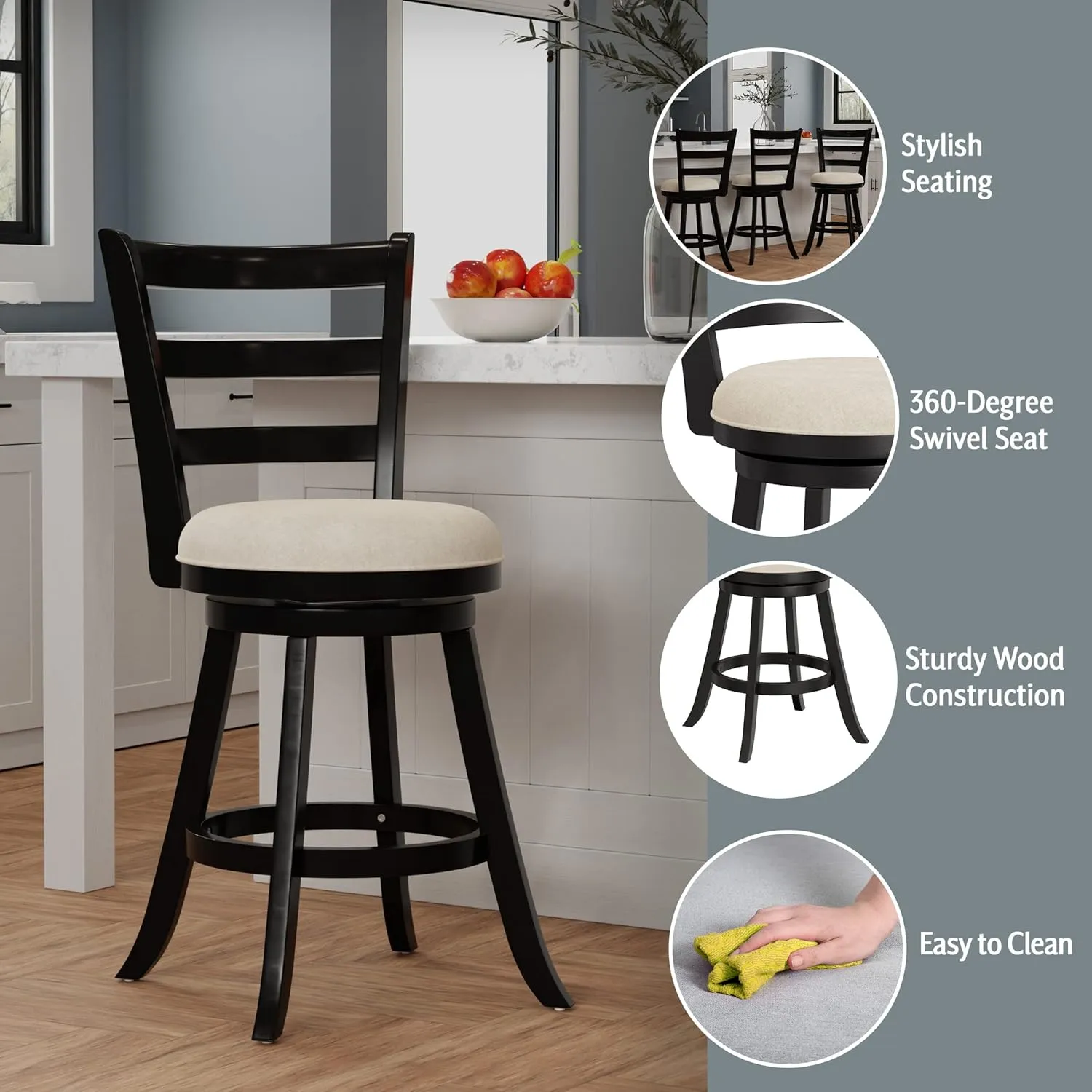 Hillsdale Laymon Wood Kitchen Counter Height Swivel Stool, Black