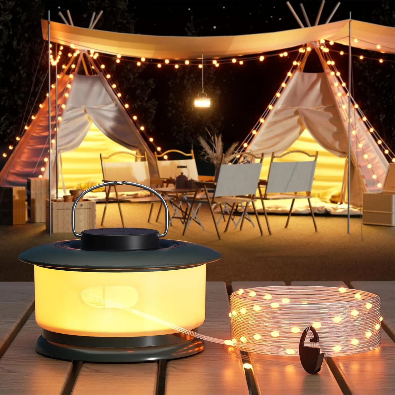 Hokone Camping String Lights, 32.8FT 22 Lighting Modes, Waterproof, Rechargeable, Quick Storage Portable Tent Lights Perfect for Outdoor, Indoor, Party, Patio, Garden, Camping, Holiday Decor