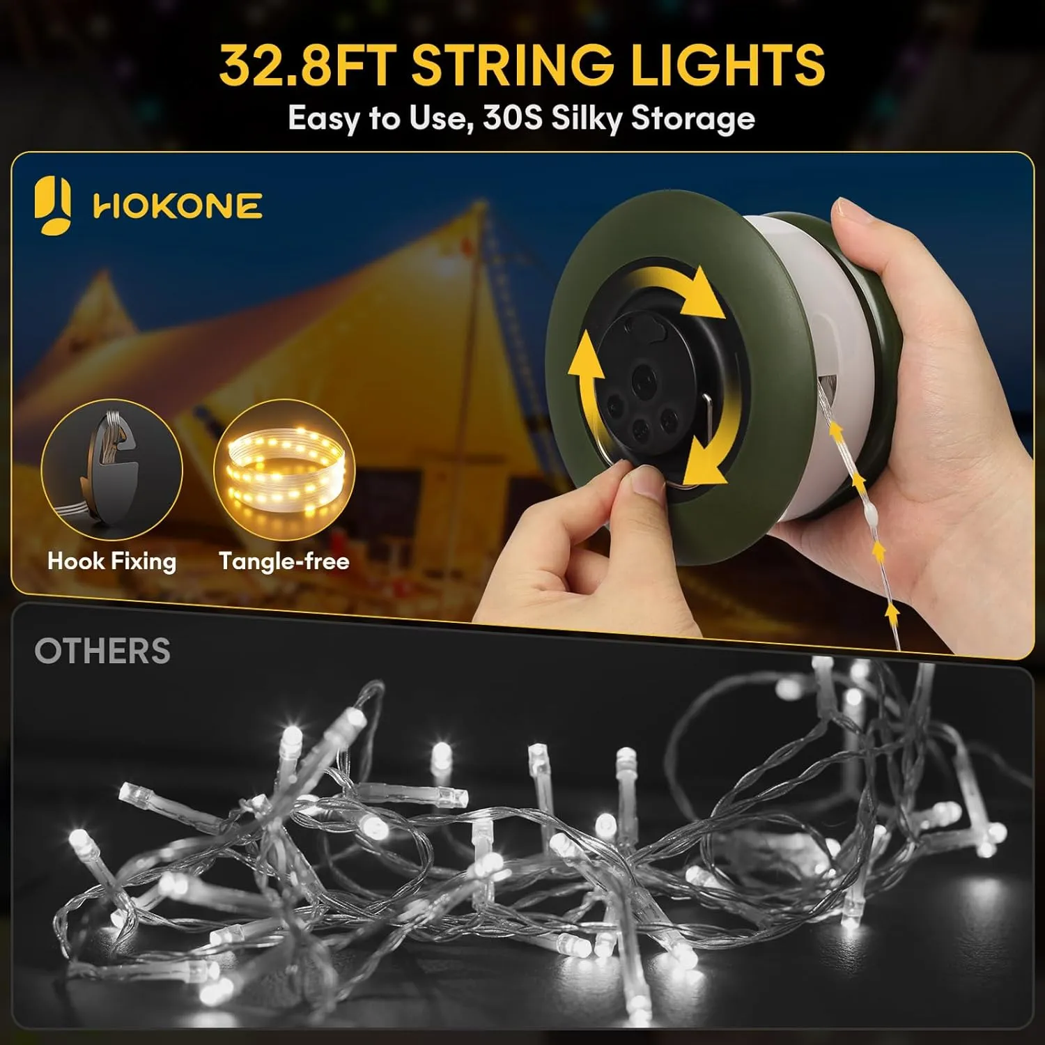 Hokone Camping String Lights, 32.8FT 22 Lighting Modes, Waterproof, Rechargeable, Quick Storage Portable Tent Lights Perfect for Outdoor, Indoor, Party, Patio, Garden, Camping, Holiday Decor