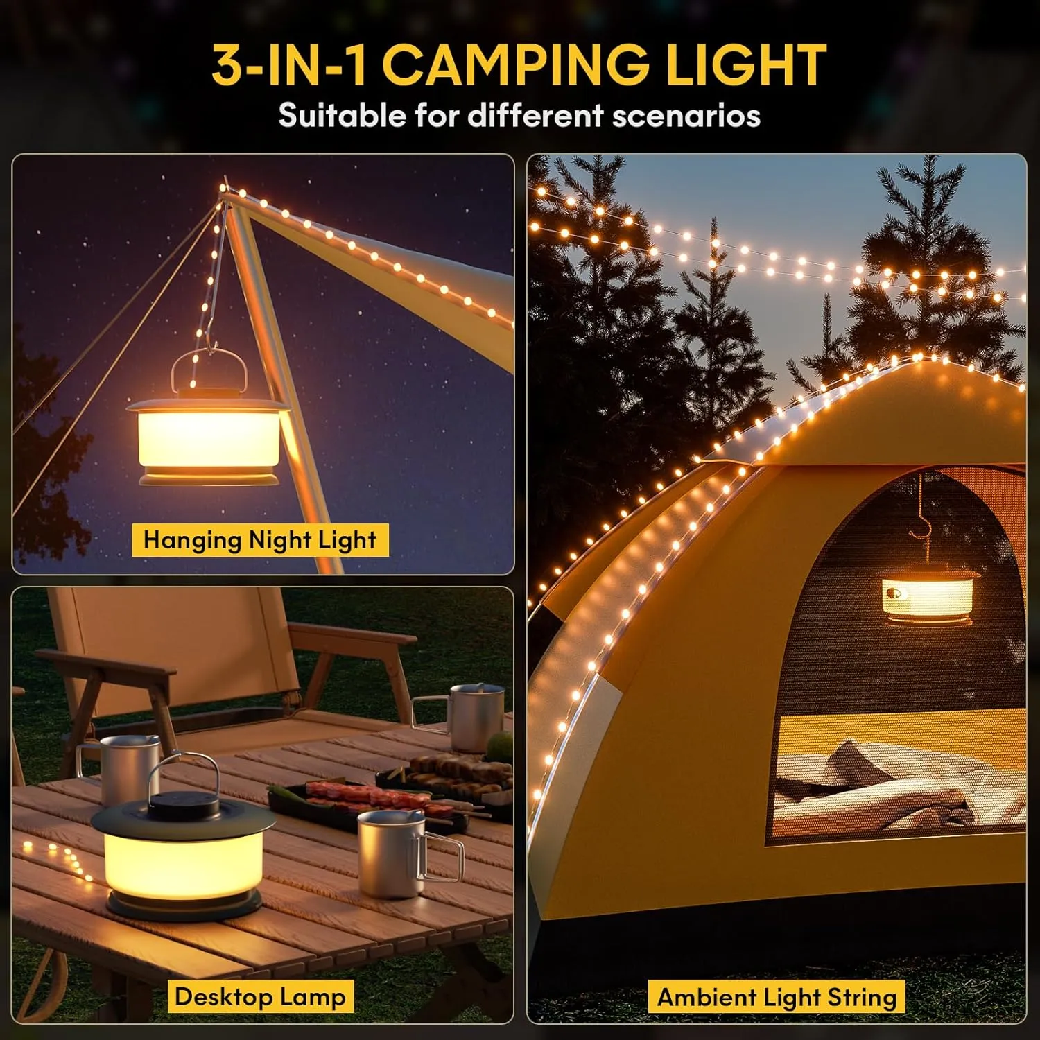 Hokone Camping String Lights, 32.8FT 22 Lighting Modes, Waterproof, Rechargeable, Quick Storage Portable Tent Lights Perfect for Outdoor, Indoor, Party, Patio, Garden, Camping, Holiday Decor