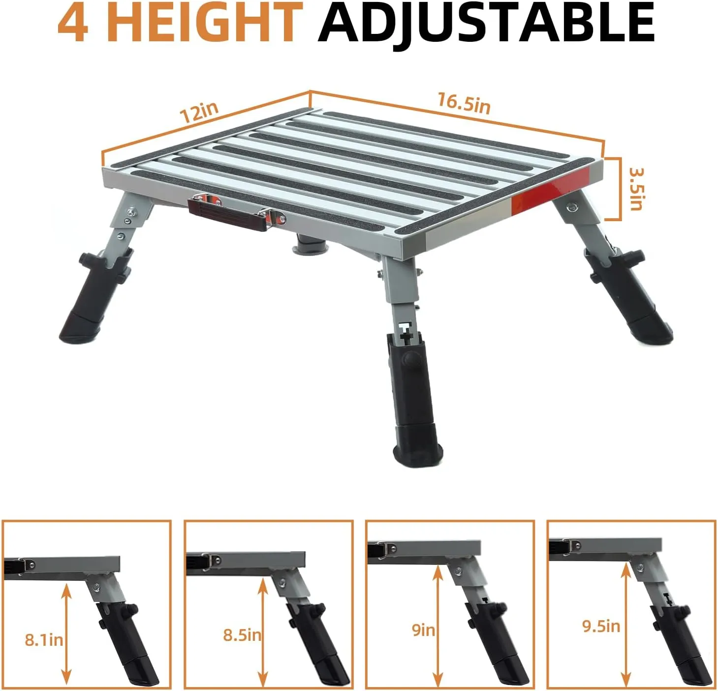 Homeon Wheels RV Steps 16.5" x 12.2" Adjustable Height Aluminum Folding Platform Step Sheath Non-Slip Rubber Feet, Reflective Stripe, Handle, RV T Level, More Stable Up to 1000 lbs