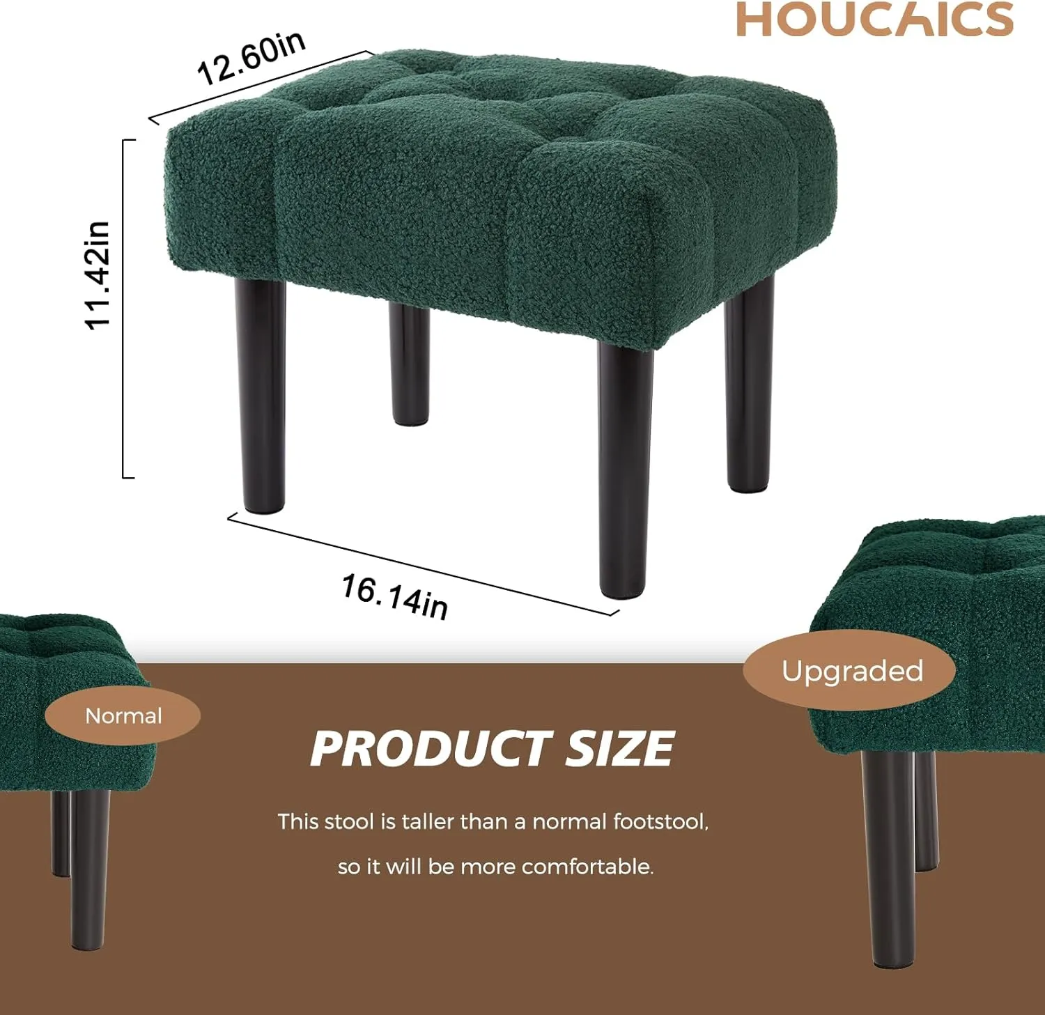 HOUCHICS Fur Padded Foot Stool, Small Ottoman Rest with Wooden Legs, Modern Rectangle Chair Rest for Living Room, Couch, Desk (Green)