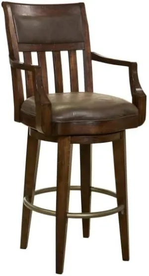 Howard Miller Steitz Bar Stool II - Hardwood Finish, Slat Style Faux Leather Cushion with Antique Brass-Tone Footrest 300 Lbs Weight Capacity for Kitchen, Living Room Or Home Decor