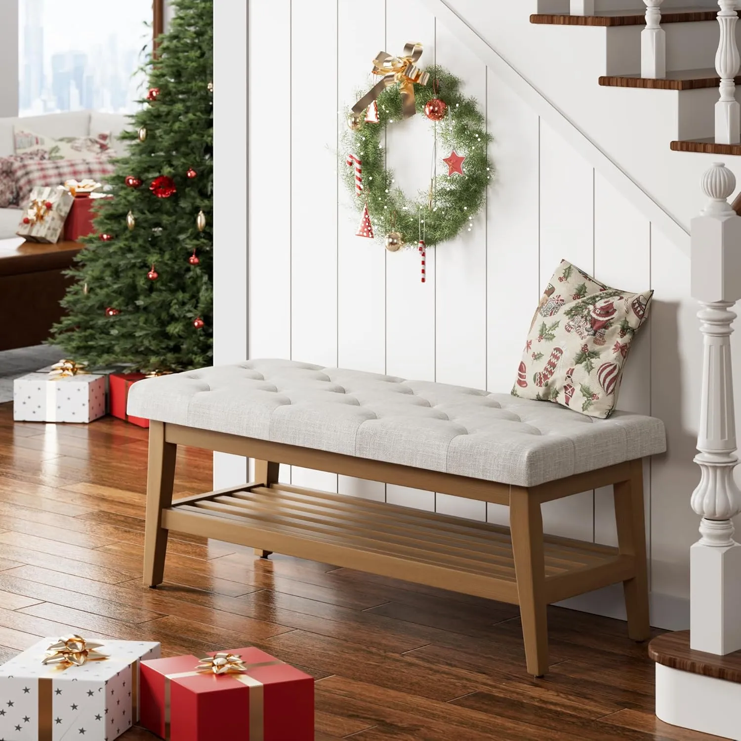 HUIMO Entryway Shoe Bench, End of Bed Bench,Upholstered Button-Tufted Bench for Kitchen, Fabric Ottoman Bench for Living Room, Padded Bench with Solid Wood Shelf Beige