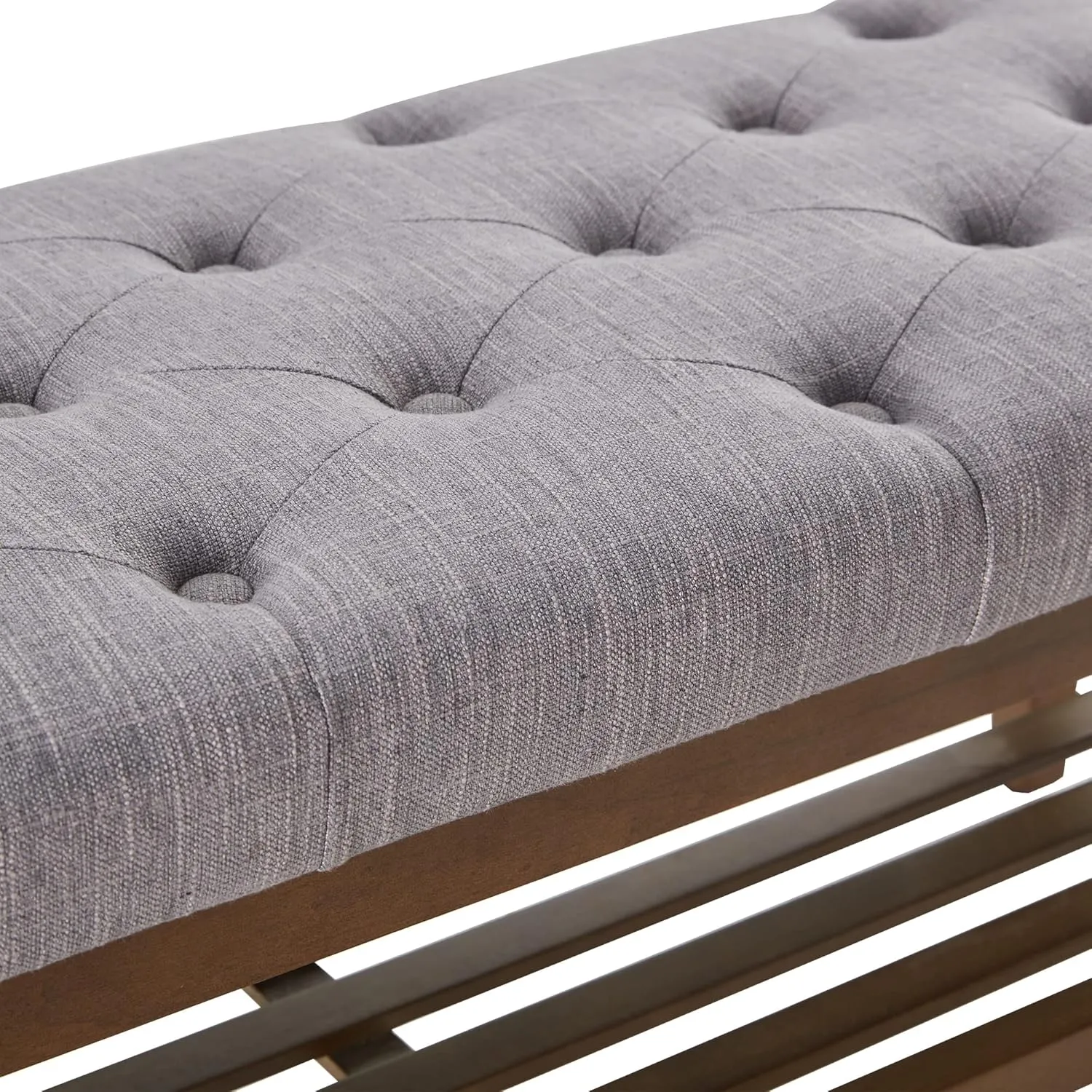 HUIMO Entryway Shoe Bench, End of Bed Bench,Upholstered Button-Tufted Bench for Kitchen, Fabric Ottoman Bench for Living Room, Padded Bench with Solid Wood Shelf,Grey