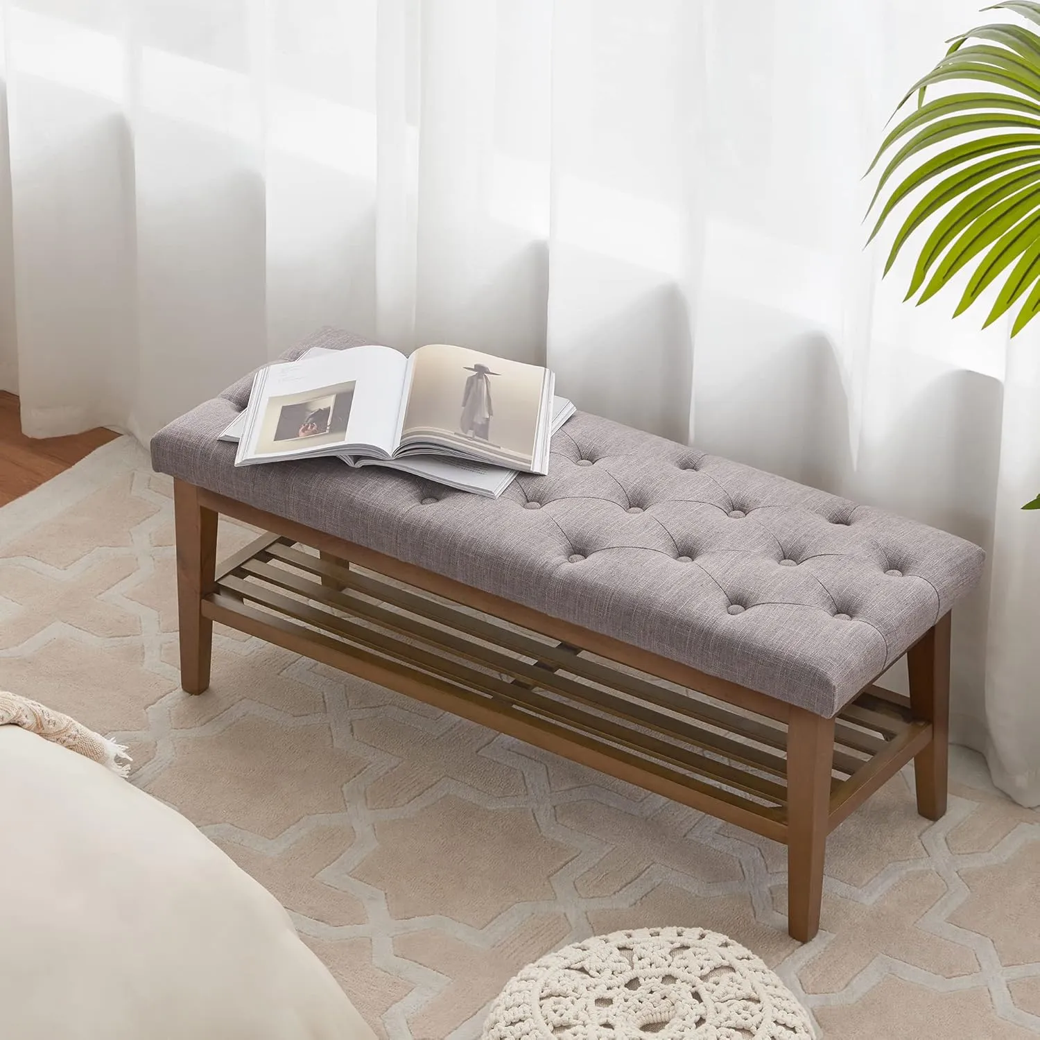 HUIMO Entryway Shoe Bench, End of Bed Bench,Upholstered Button-Tufted Bench for Kitchen, Fabric Ottoman Bench for Living Room, Padded Bench with Solid Wood Shelf,Grey